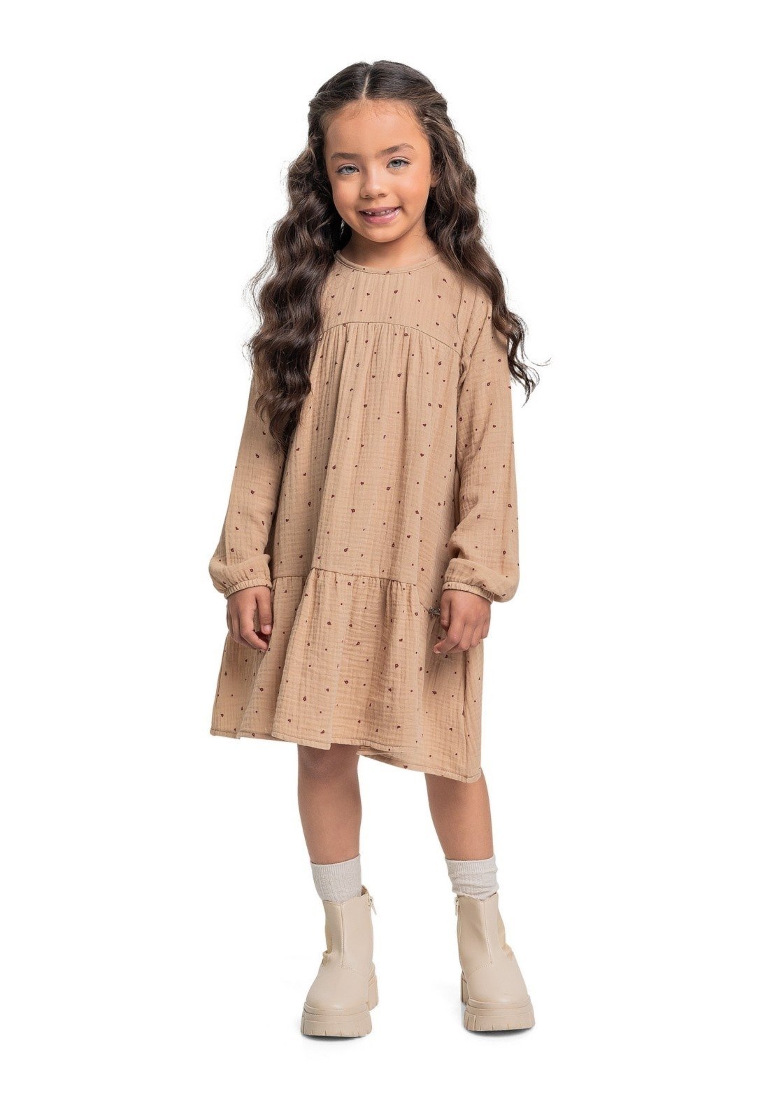 Infantil – Vestido Manga Longa em Algodão Quimby Marrom