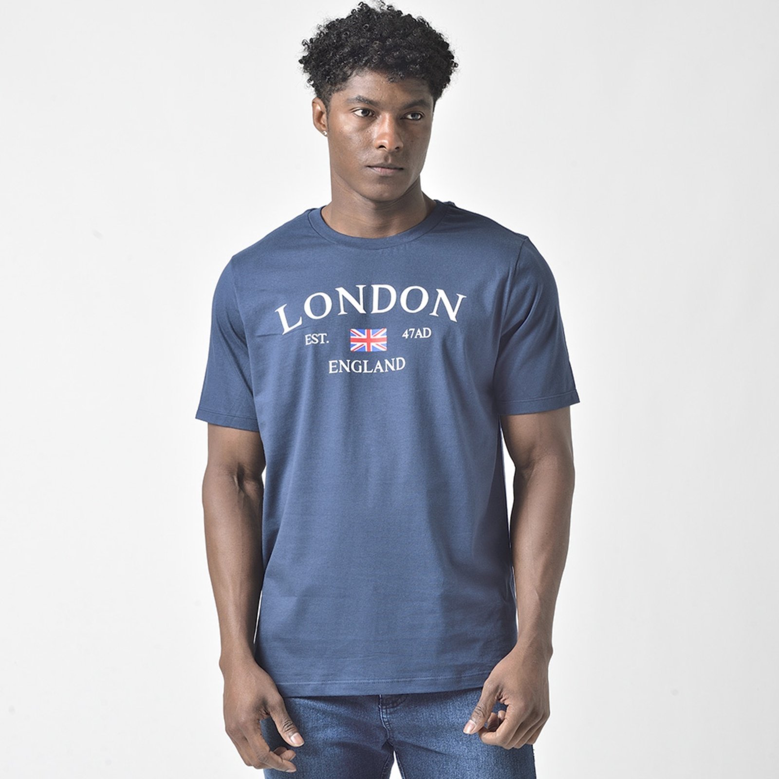 Camiseta Masculina Manga Curta Estampada London Marinho