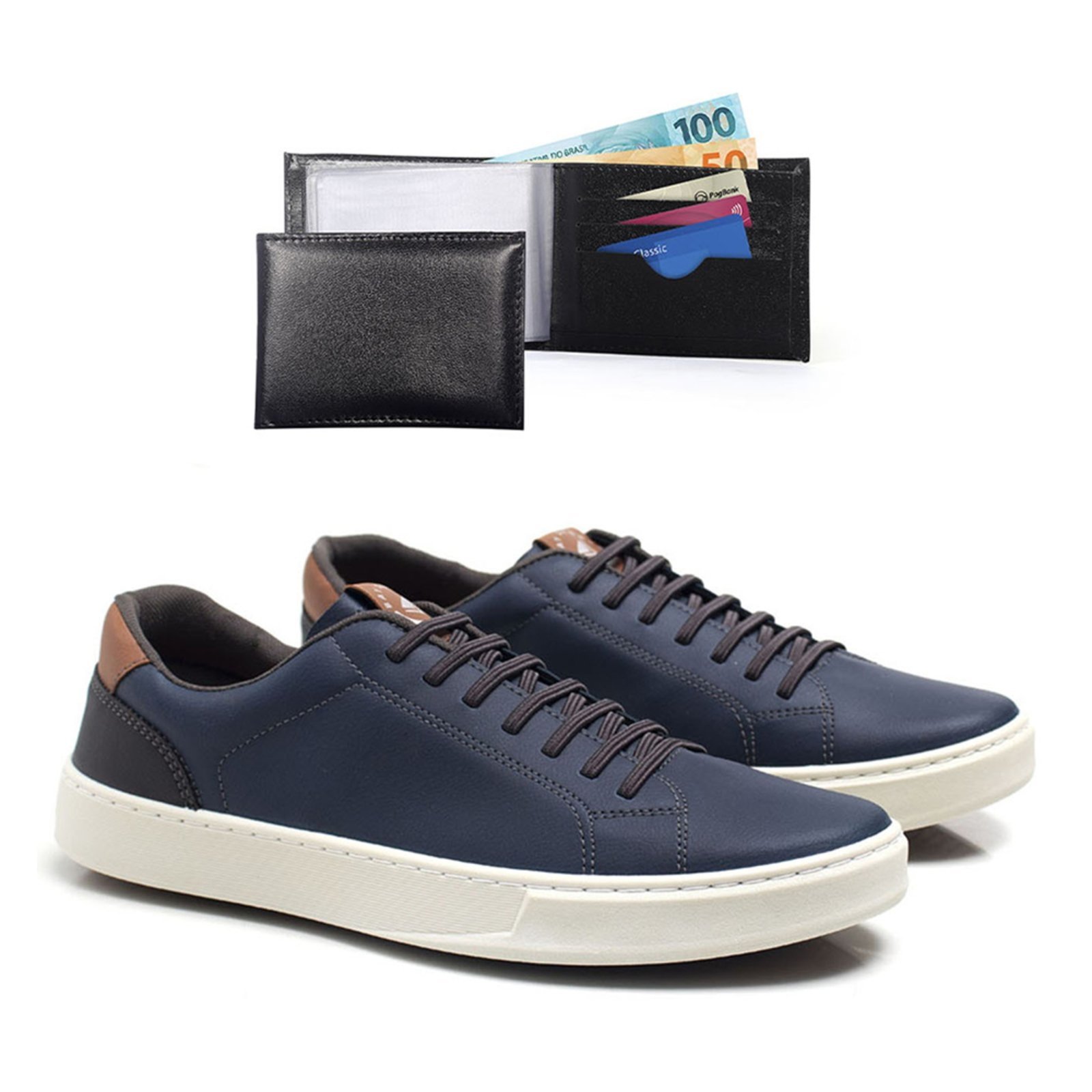 Tenis Casual Masculino Com Carteira Bredeni Sapatenis De Amarrar Confortavel Azul Marinho