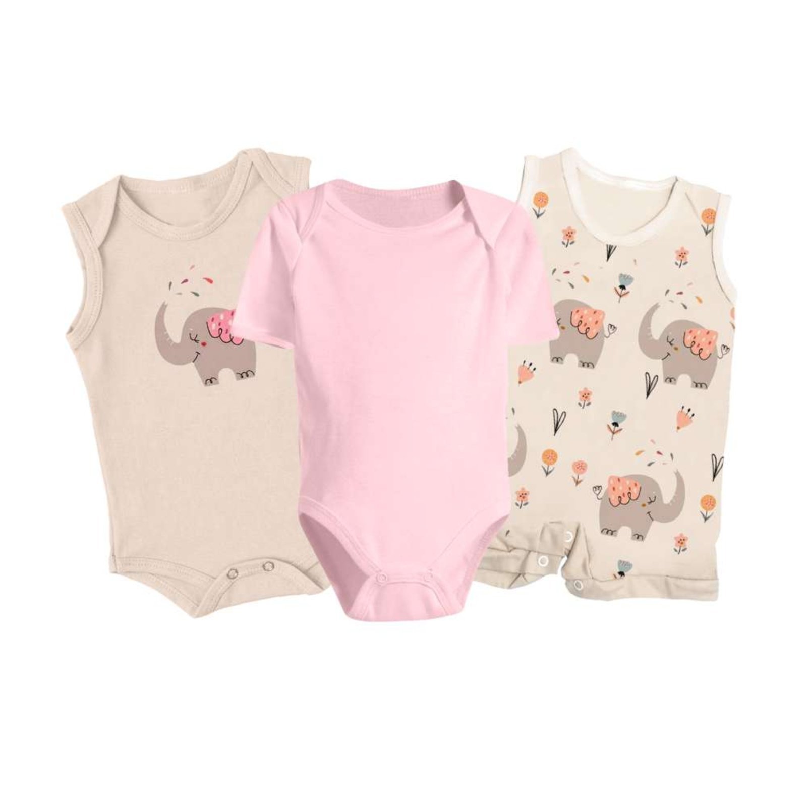 Infantil – Kit Body Manga Curta Regata Macacão Curto 3 Pçs Algodão Rosa