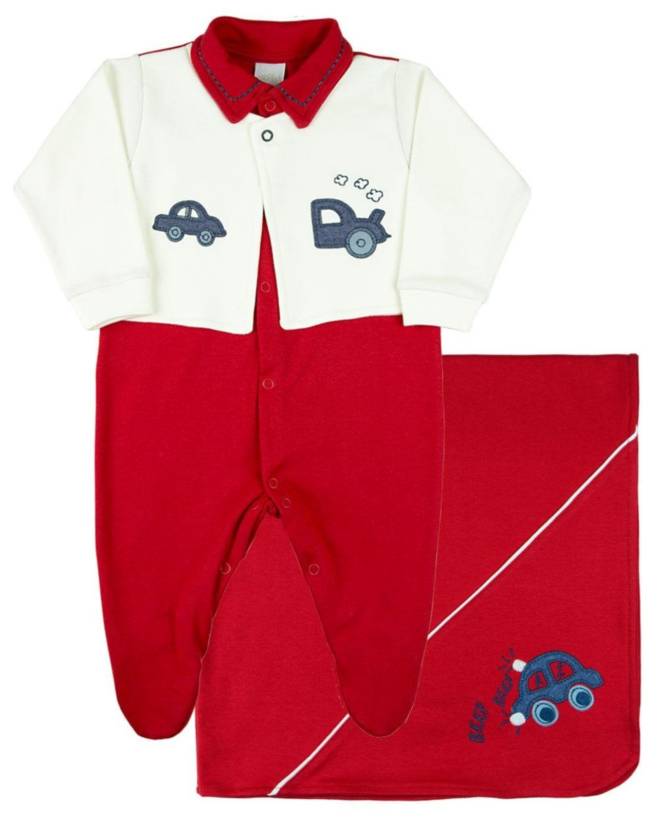 Infantil – Saída Maternidade Menino Suedine Algodão Verão Colete Bordado Carrinhos – Vermelho