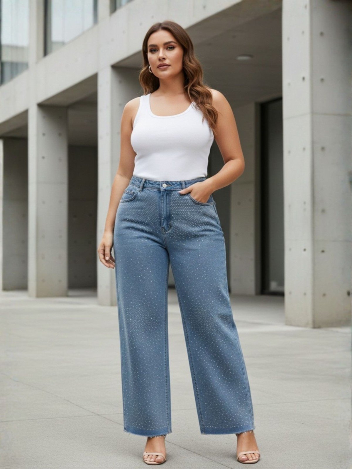 Vista 2 Calça Jeans Feminina Plus Size Reta Brilhos Cintura Alta Bolsos Claro Barra a Fio azul/jeans azul azul/jeans azul