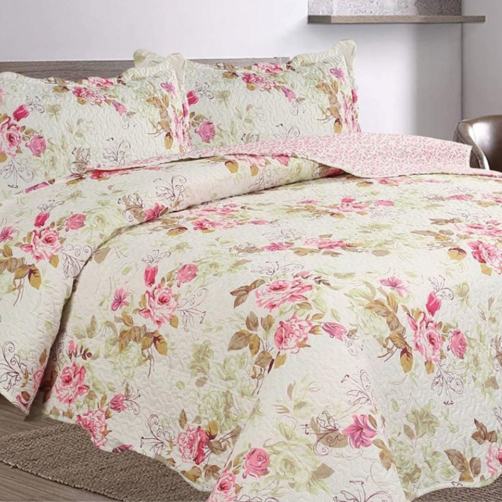 Kit Cobre Leito Colcha Casa Scarpa Mix King Estampado Dupla Face Floral 3 Peças - Mariela
