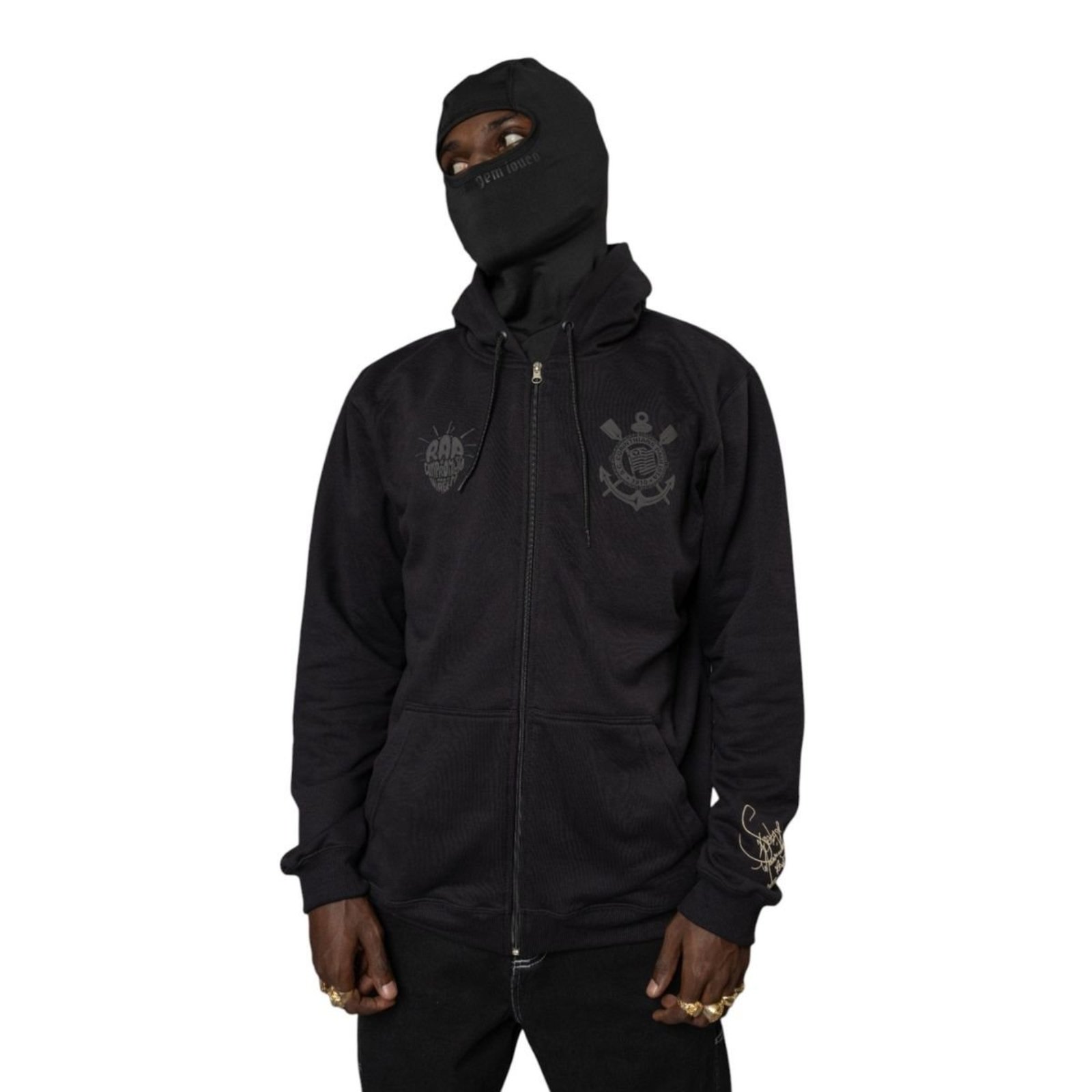 Moletom Canguru Com Zíper Masculino Corinthians x Sabotage Preto