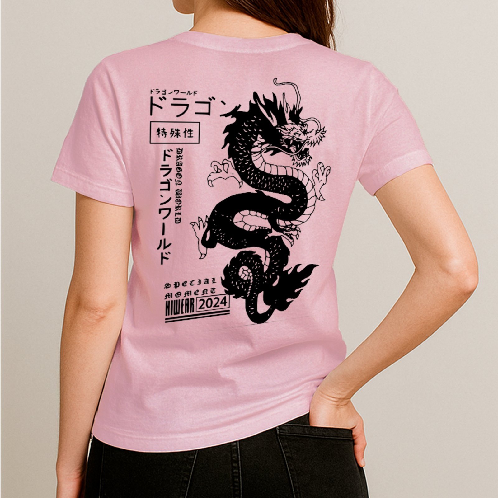 Camiseta Básica Dragão Japonês Estilo Oriental Streetwear Unissex Rosa