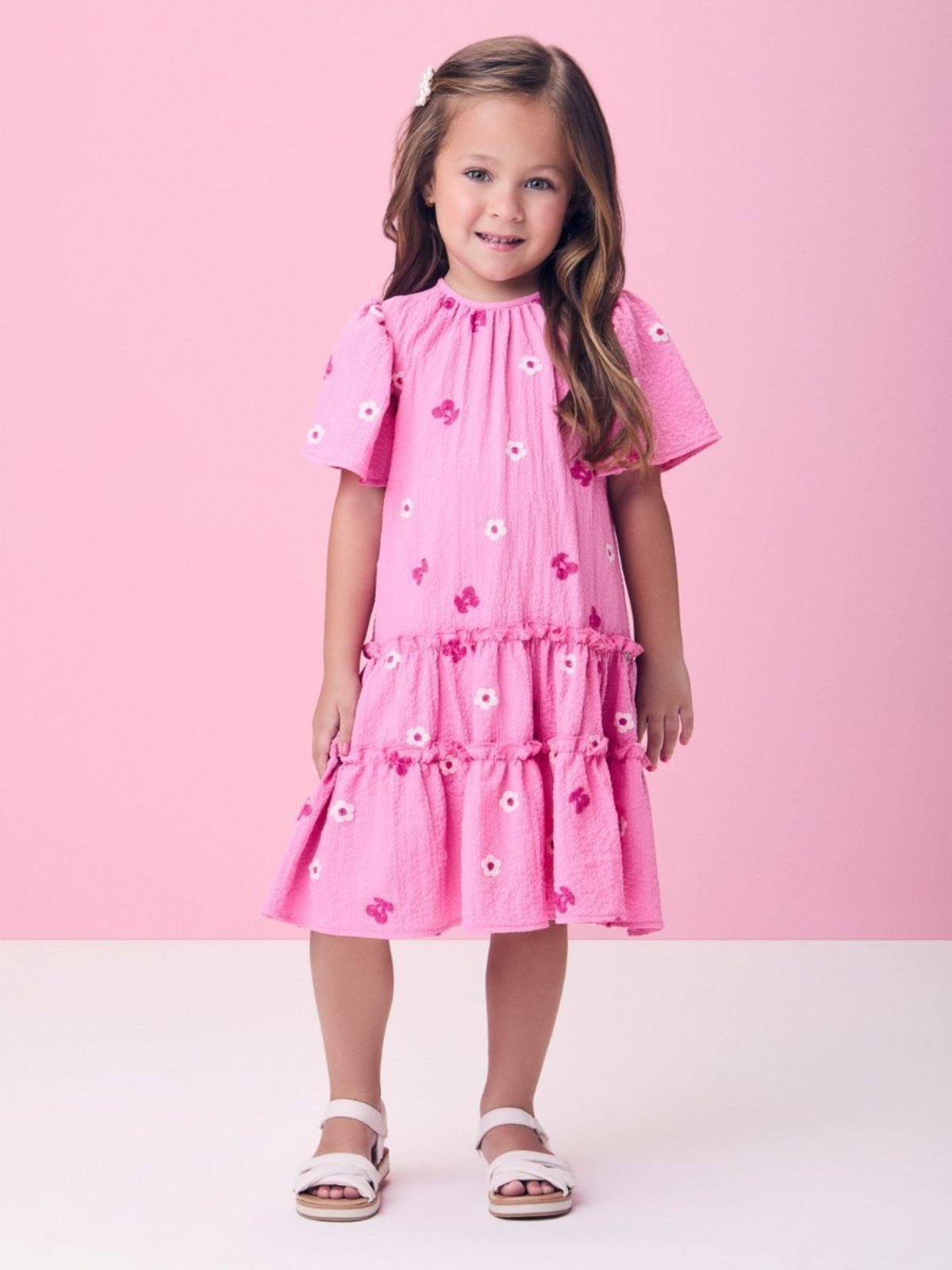 Infantil - Vestido Anarrugado Rosa de Flor