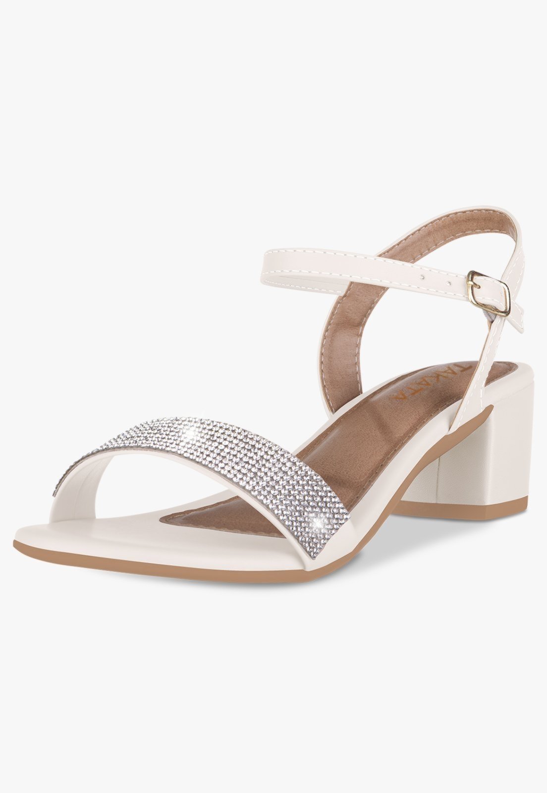 Sandália Feminina Salto Baixo Bloco Casual Confortável Strass OffWhite