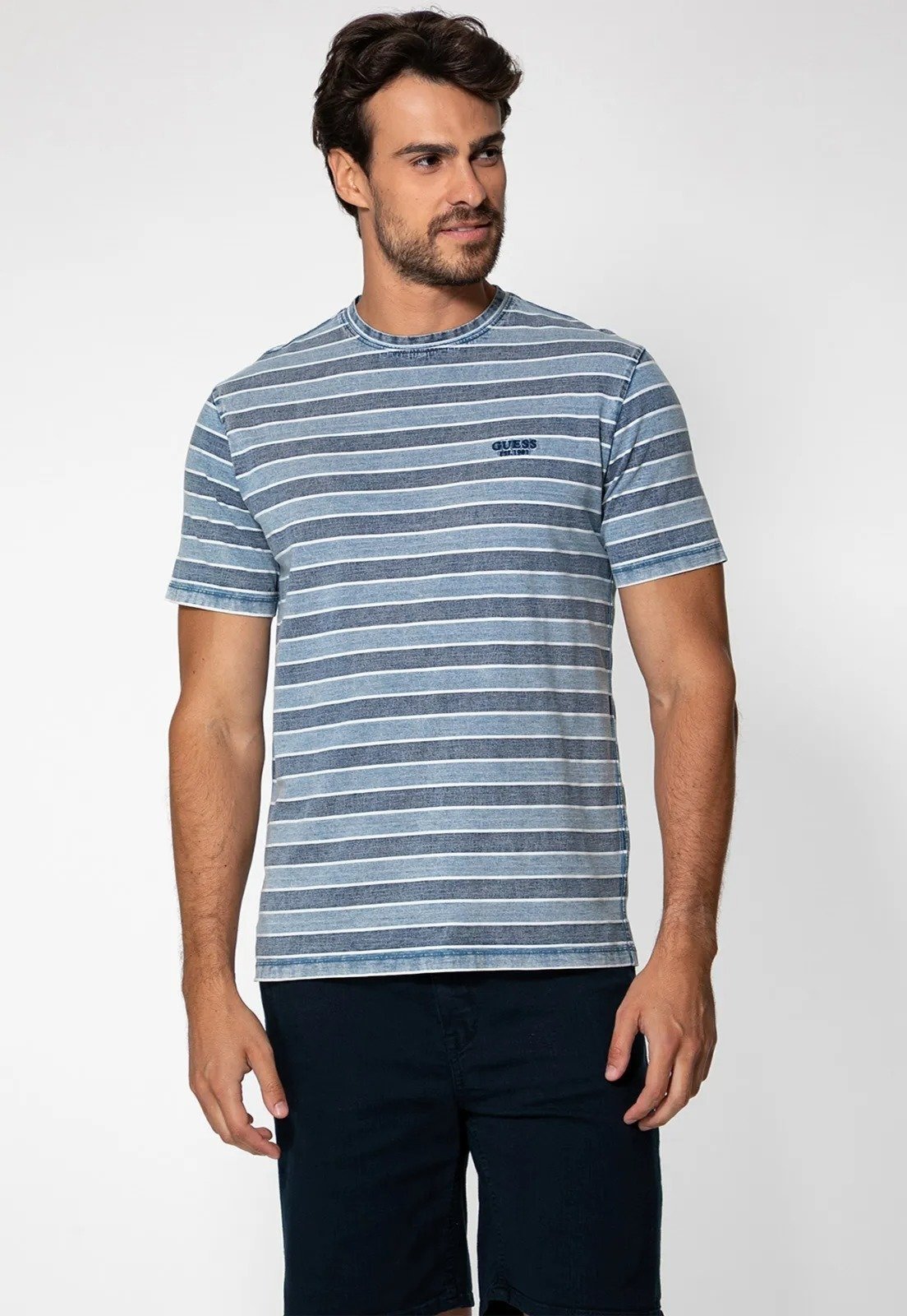 Camiseta Guess Eco Listrada Fio Indigo Azul Claro