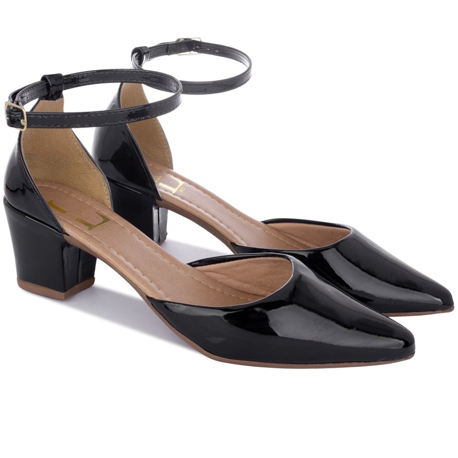 Sandália Scarpin Feminino Social Salto Quadrado Baixo Bico Fino Preto Verniz