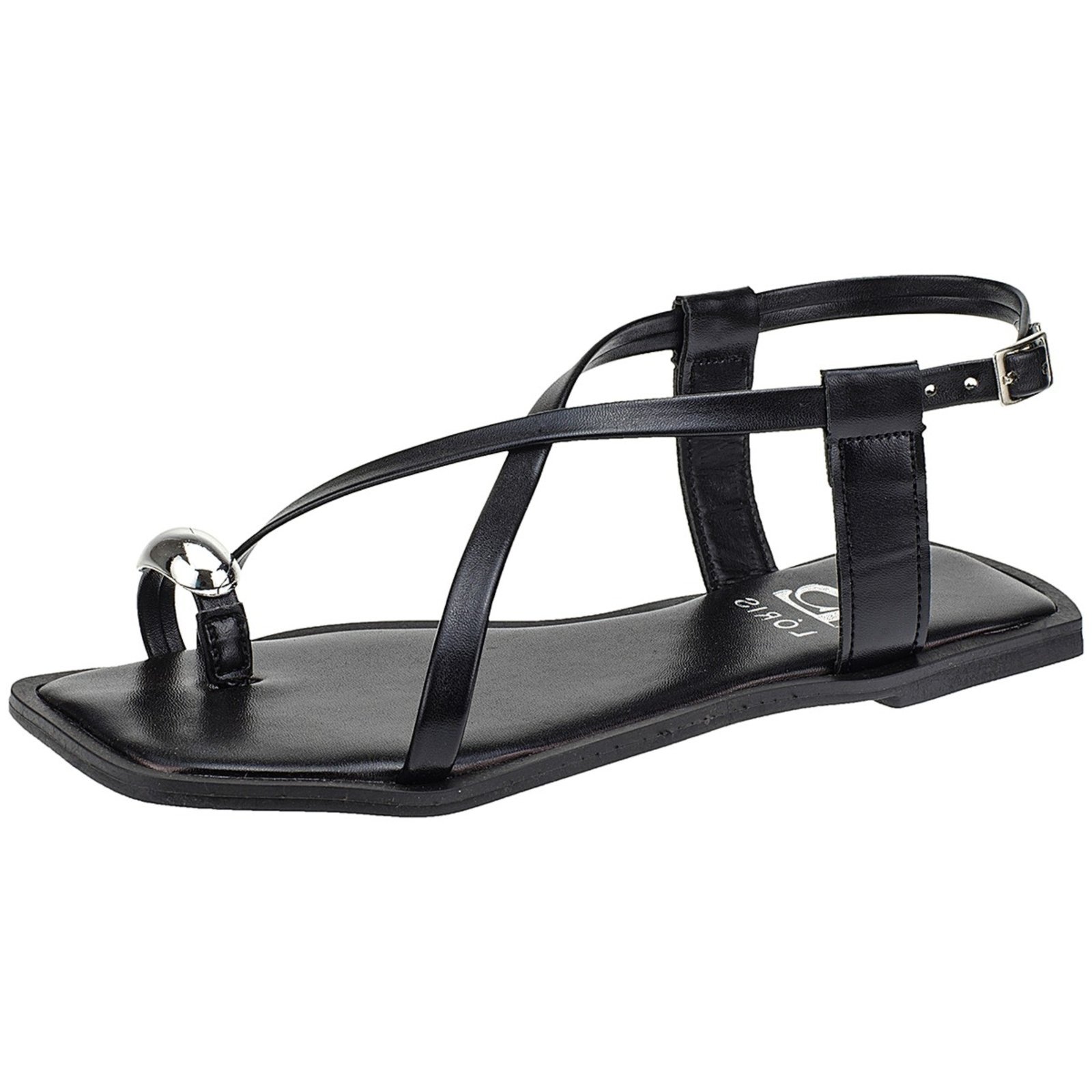 Sandália Lóris Shoes Rasteira de Tiras com Enfeite ABS Dourado Confortável Rasteirinha 3988 Preto