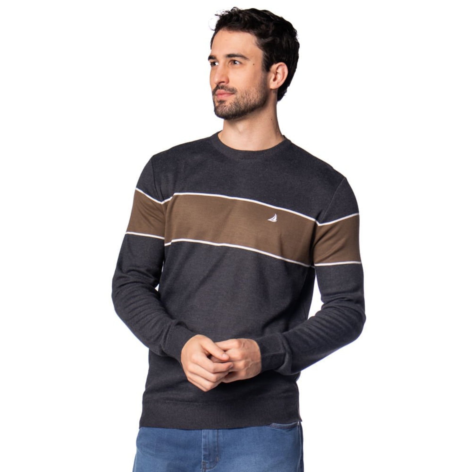Suéter Masculino John Sailor Tricot Cinza Escuro/Marrom