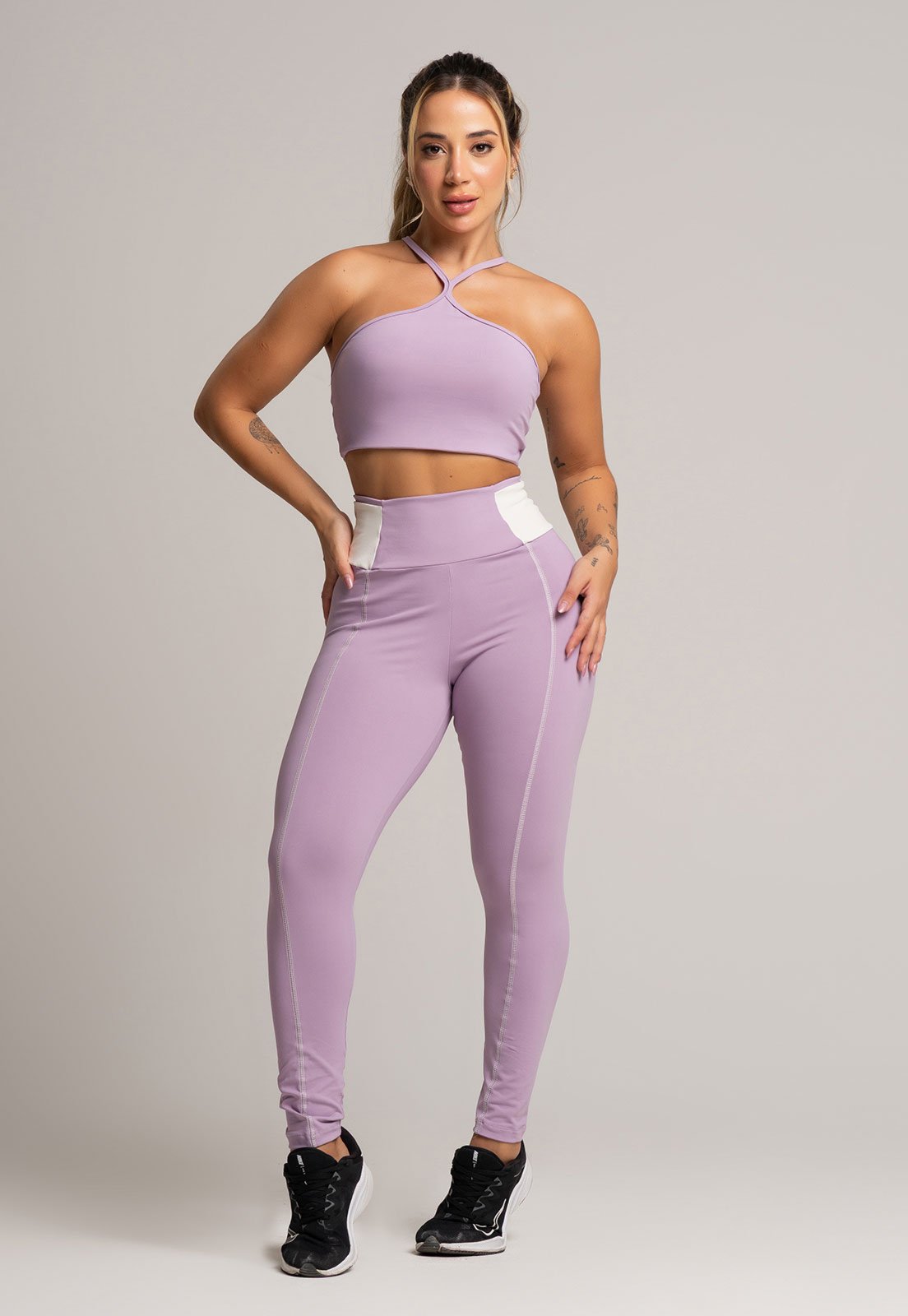 Calça Legging MVB Modas Cós Off White Cintura Alta Feminina Poliamida Lavanda