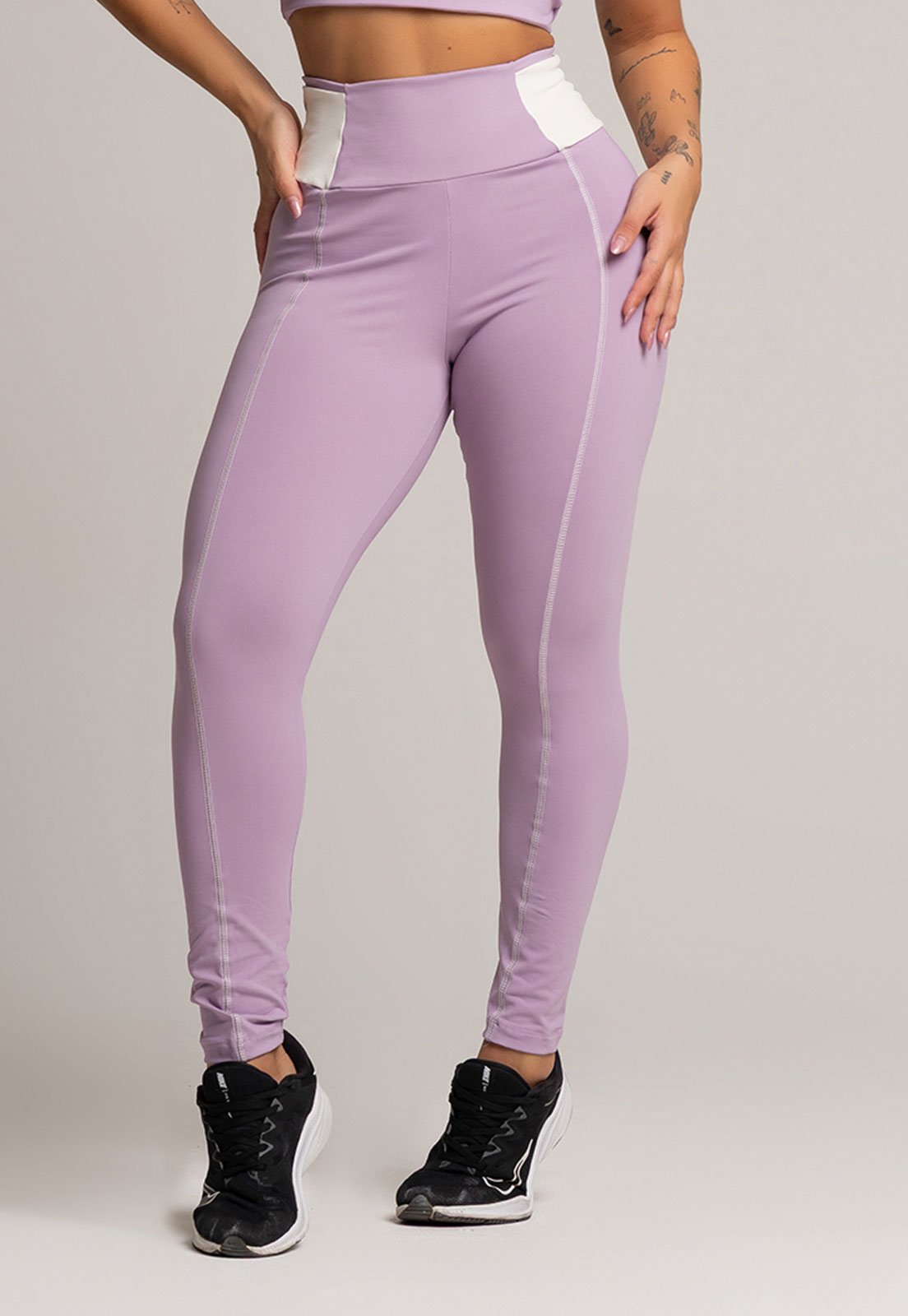Vista 3 Calça Legging MVB Modas Cós Off White Cintura Alta Feminina Poliamida Lavanda lilás white Mvb Modas lilás white