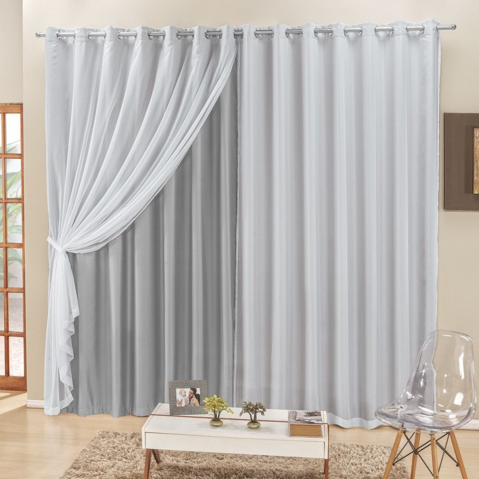 Cortina 3 Mts Sala Quarto Voal e Semiblackout para Trilho Comum Cinza - 100% Poliéster
