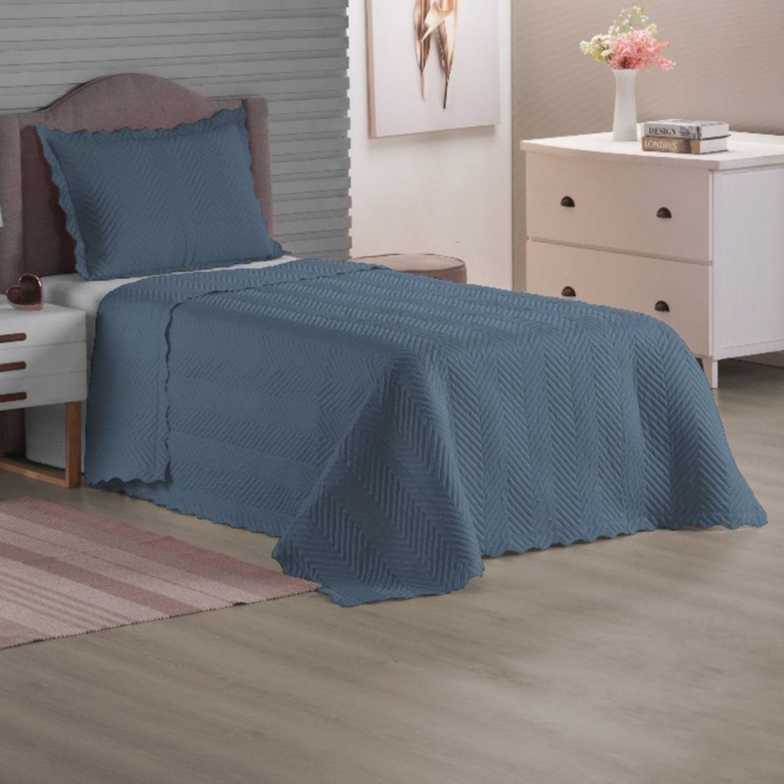 Cobre Leito Colcha Sensação Solteiro 2 Peças Matelassê - Azul