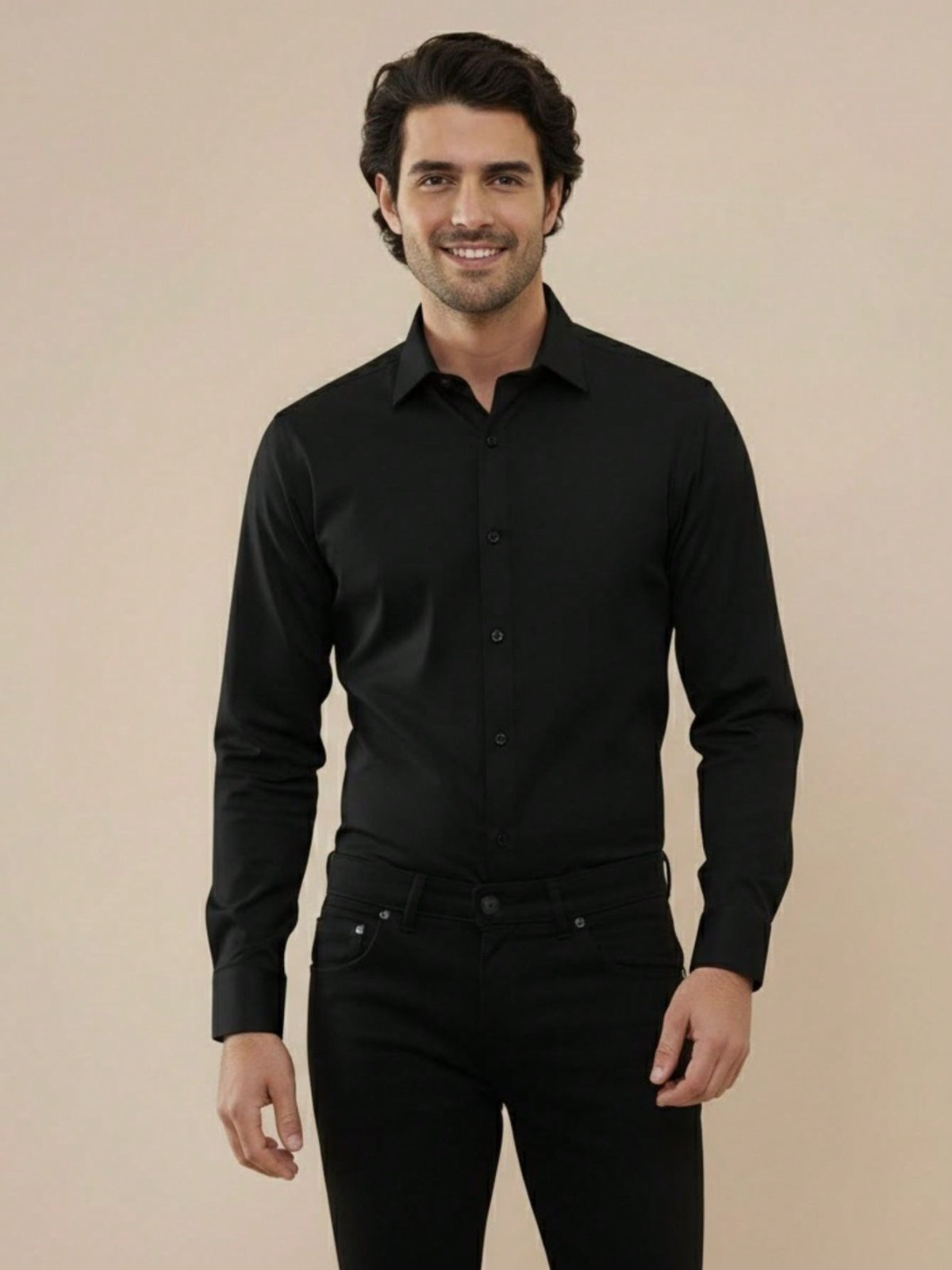 Camisa Social Masculina Slim Fit Manga Longa Lisa em Tecido Tricoline Preta Preto