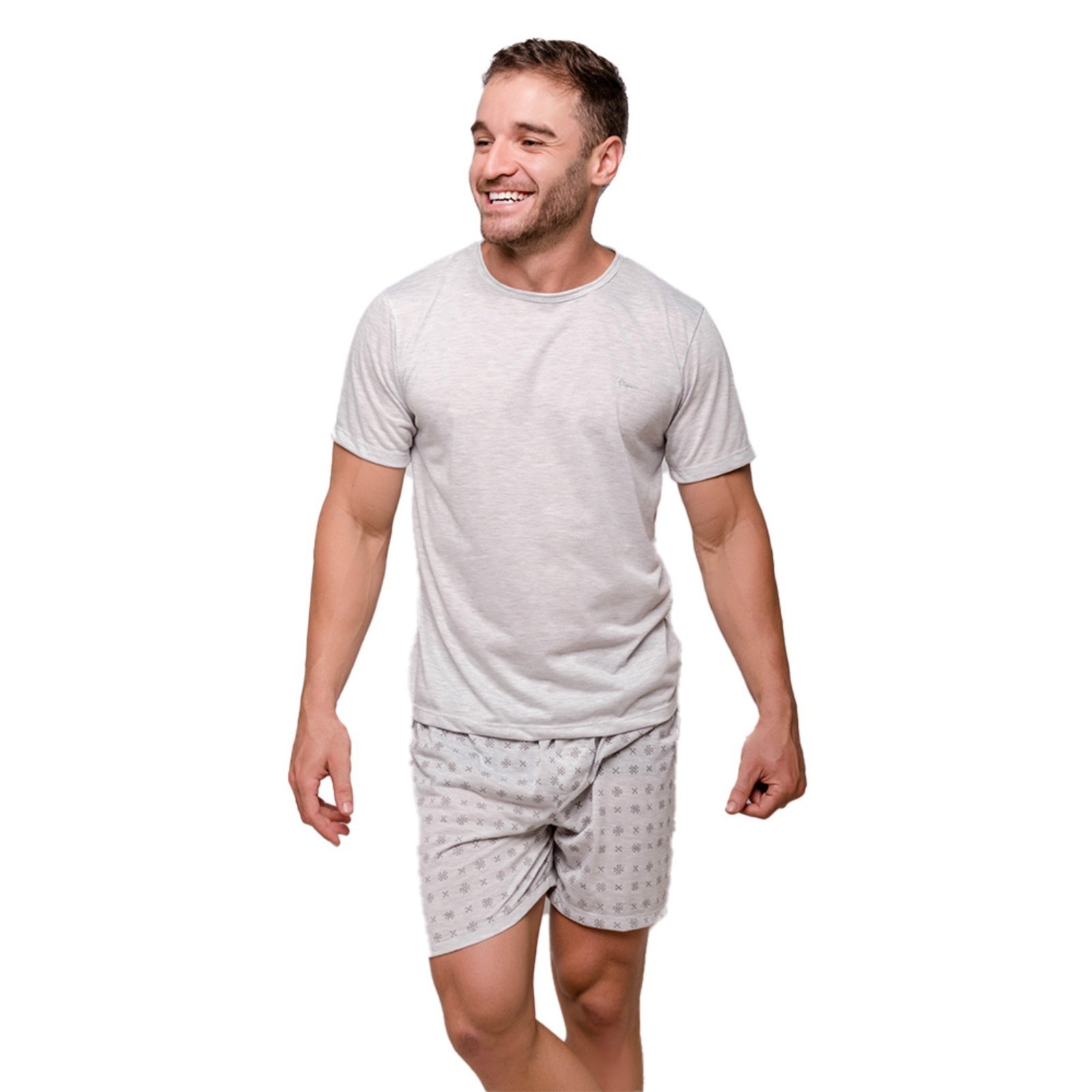 Pijama Masculino Diones com Camiseta Lisa e Shorts Estampado Cinza