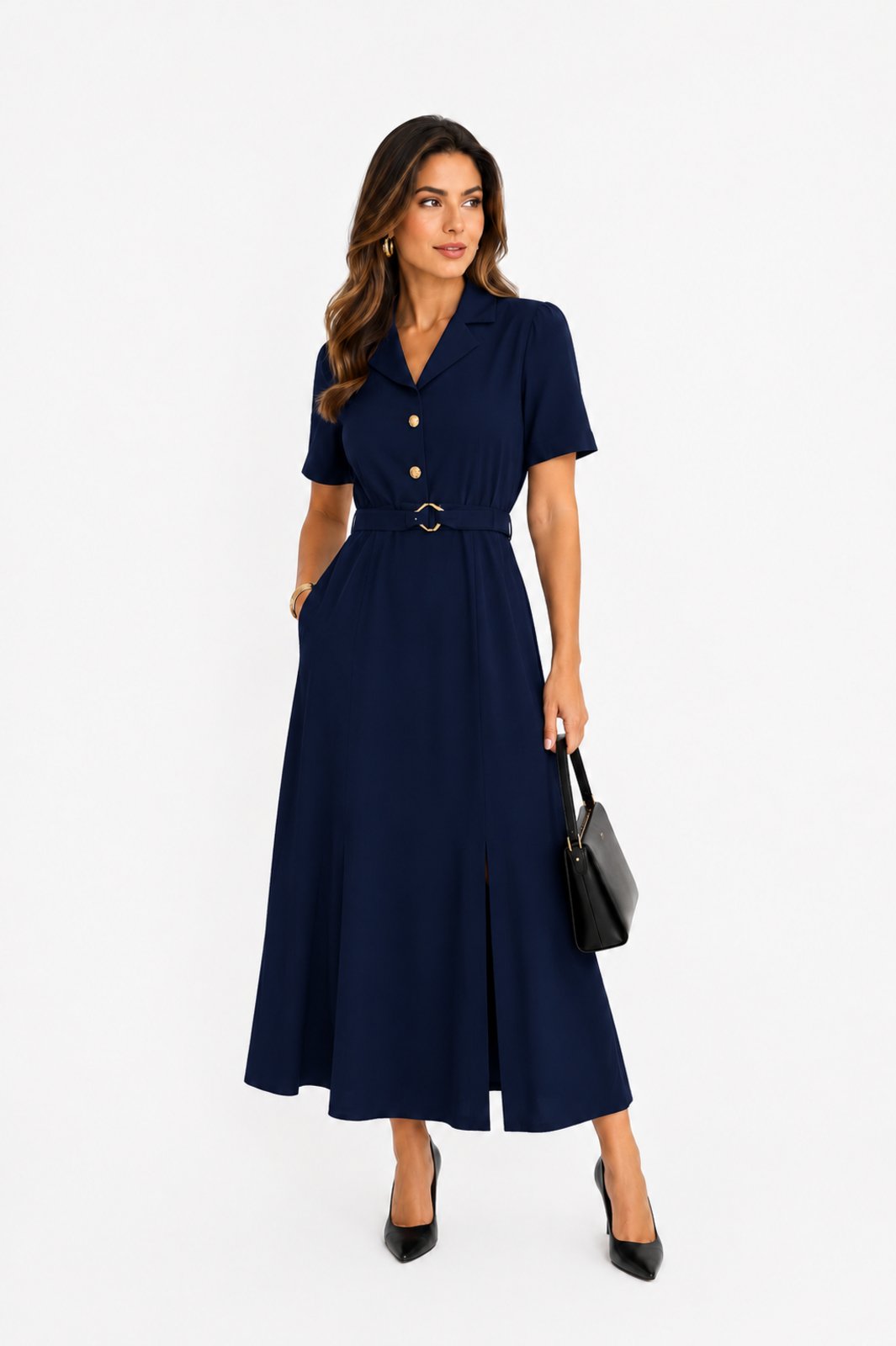 Vestido Midi D Bell Outlet Fashion Marrant Botões Azul Marinho