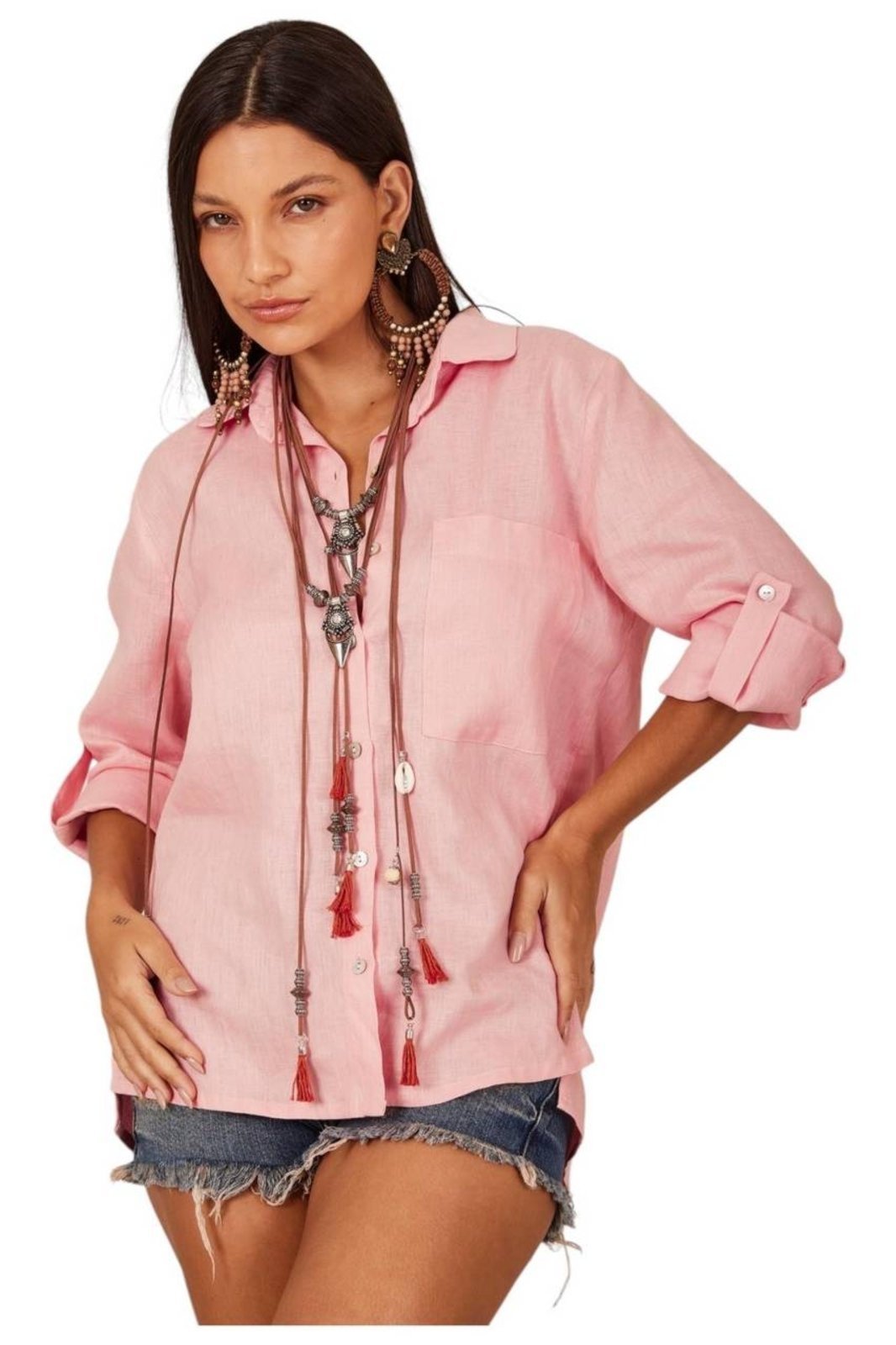 Camisa Básica De Linho Rosa Claro Yacamim A13 Liso – Rosa