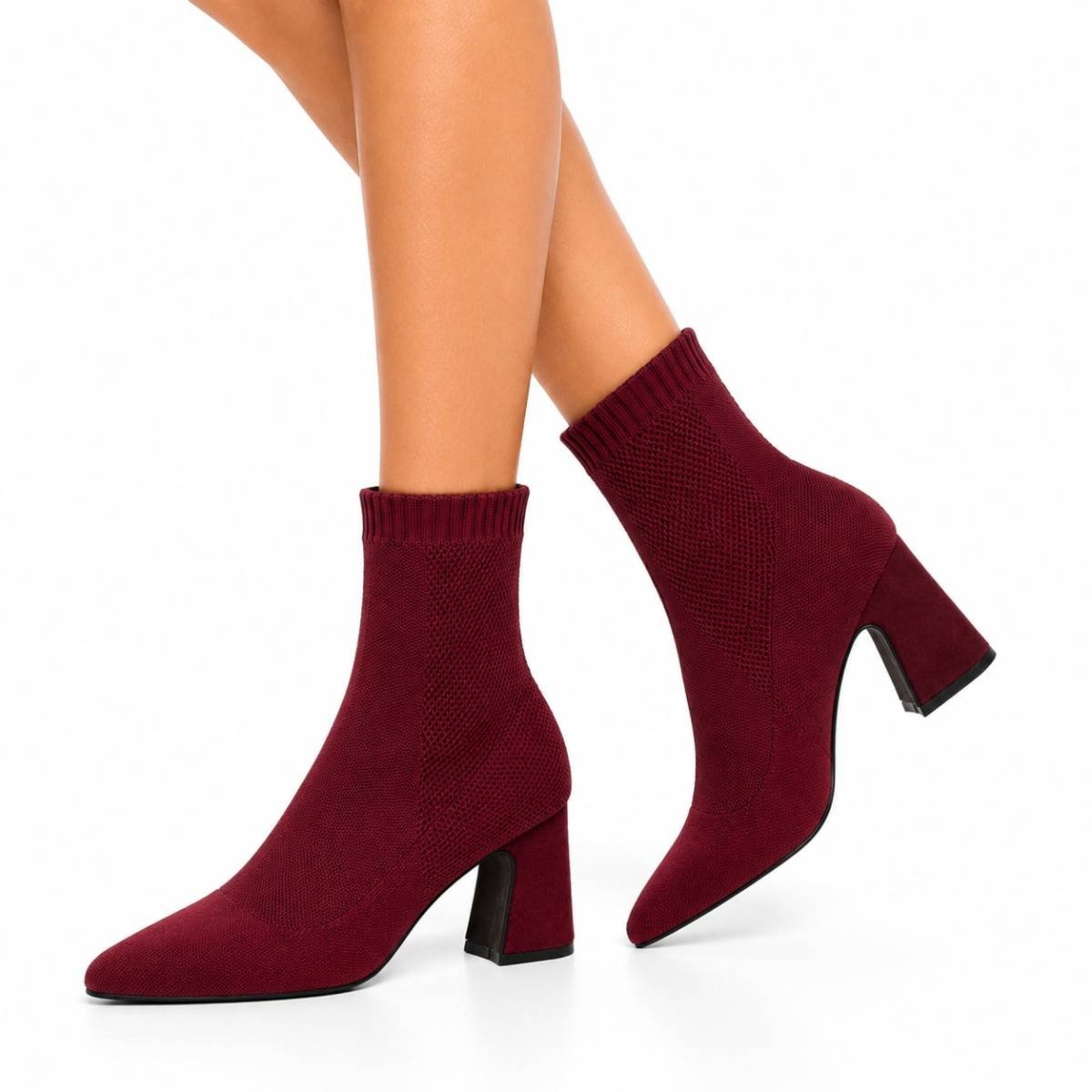 Vista 2 Bota Meia Feminina Cano Curto Salto Grosso Sete Sales 184000 vinho Sete Sales vinho