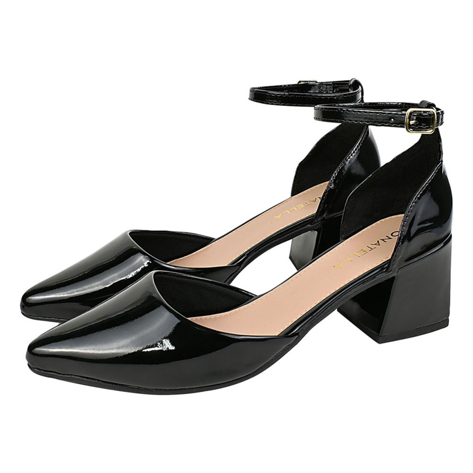 Sandália Scarpin Donatella Shoes Feminina Bico Fino Social Salto Bloco Quadrado Verniz Preto