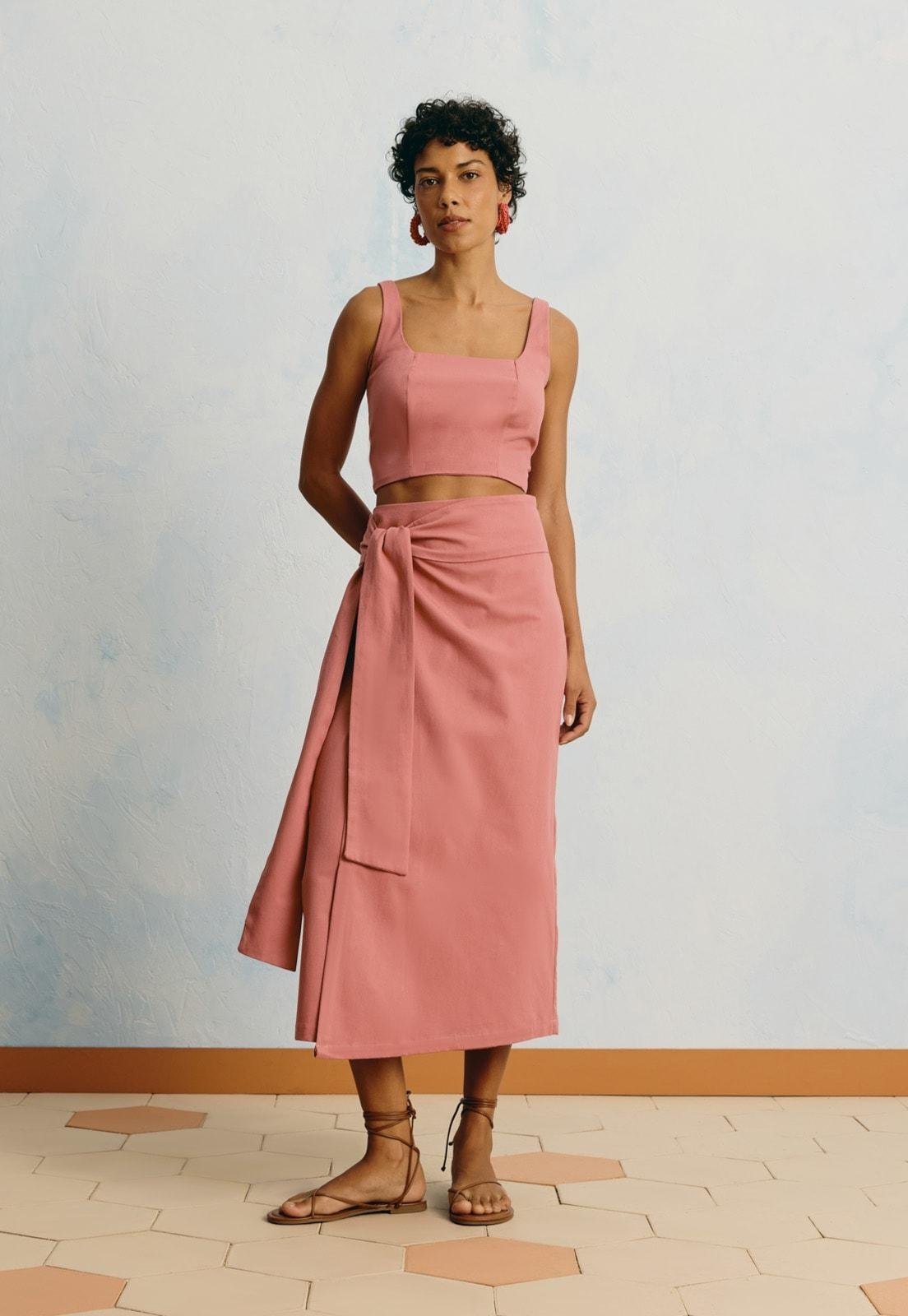 Saia Midi Lisa Amarração Rosa