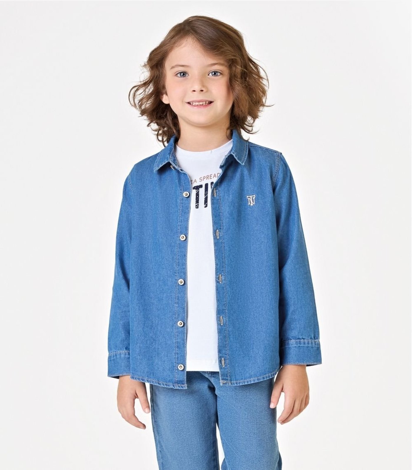 Infantil - Camisa Manga Longa Jeans Trick Nick Azul