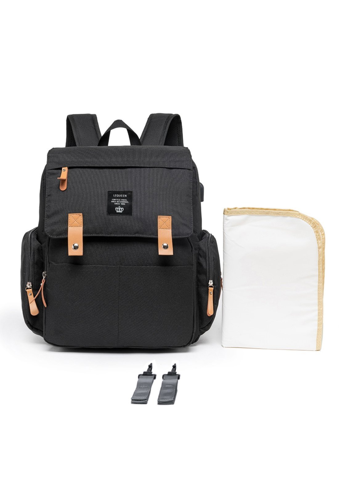 Infantil - Mochila Bolsa Maternidade Lequeen Impermeável Menina Menino Bolso Térmico PRETA