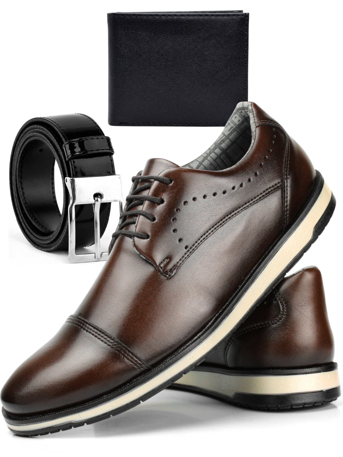 Kit Sapato Oxford Masculino Social Sapatofran Cadarço + Cinto Com Carteira Confortável Confort Marrom