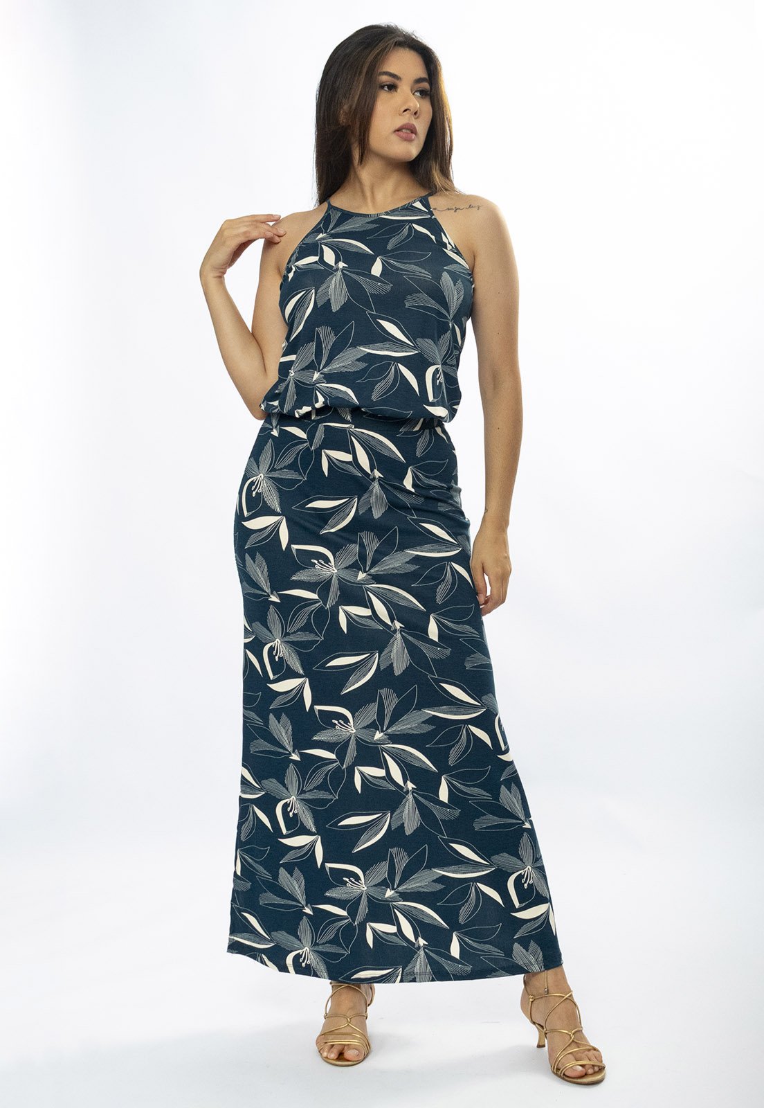 Vestido Longo Cabanafree Malha Trapézio com Elástico na Cintura Hibisco Blue