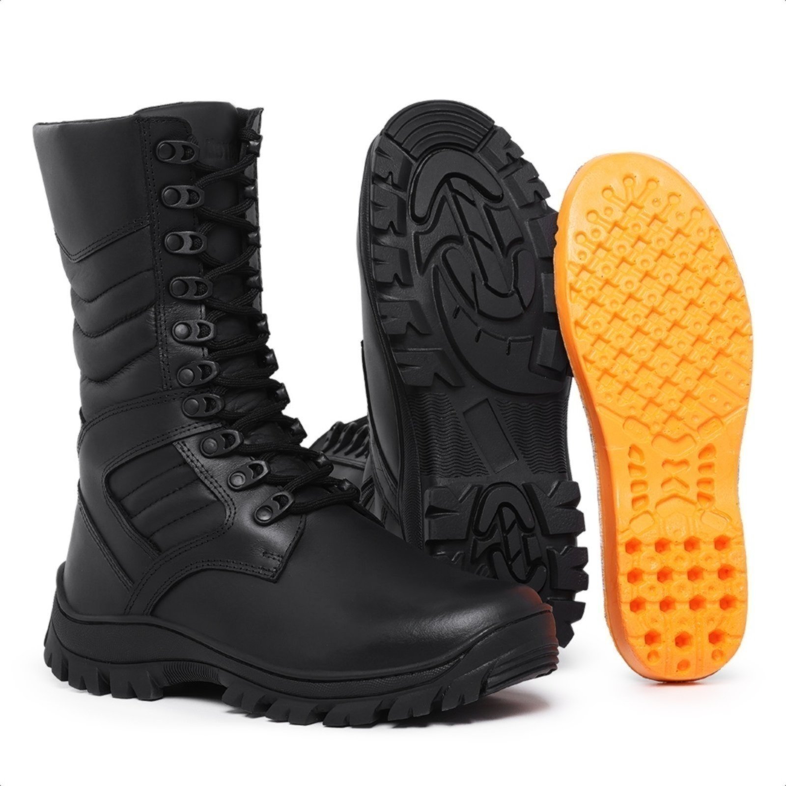 Coturno Masculino Militar De Couro Cano Alto Tratorado De Amarrar Sch 1000 Preto