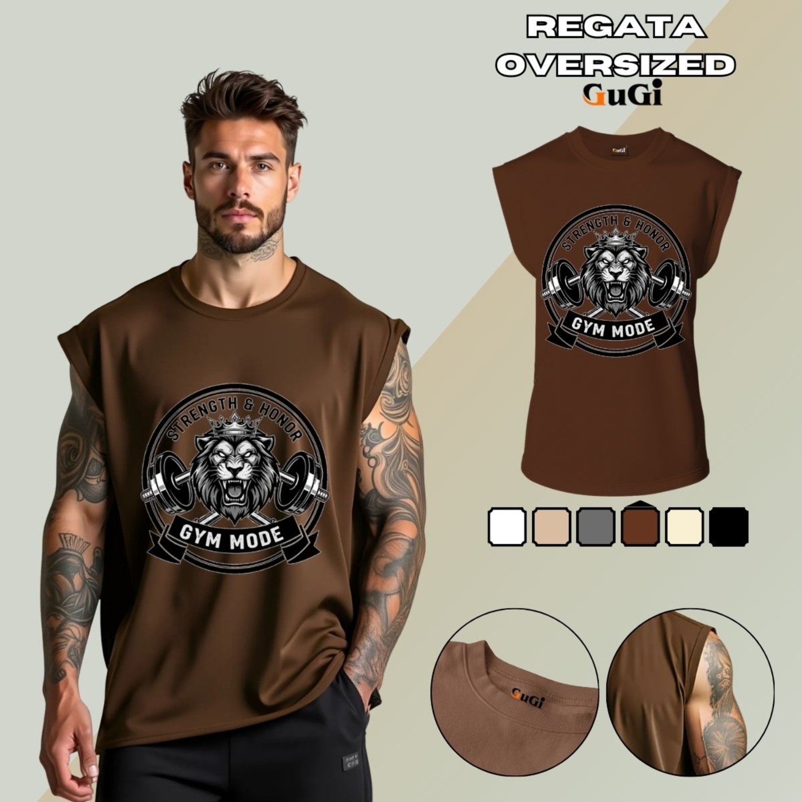 Regata Masculina GuGi Muscle Machão Estampada Academia Treino Fitness Algodão 30.1 Marrom