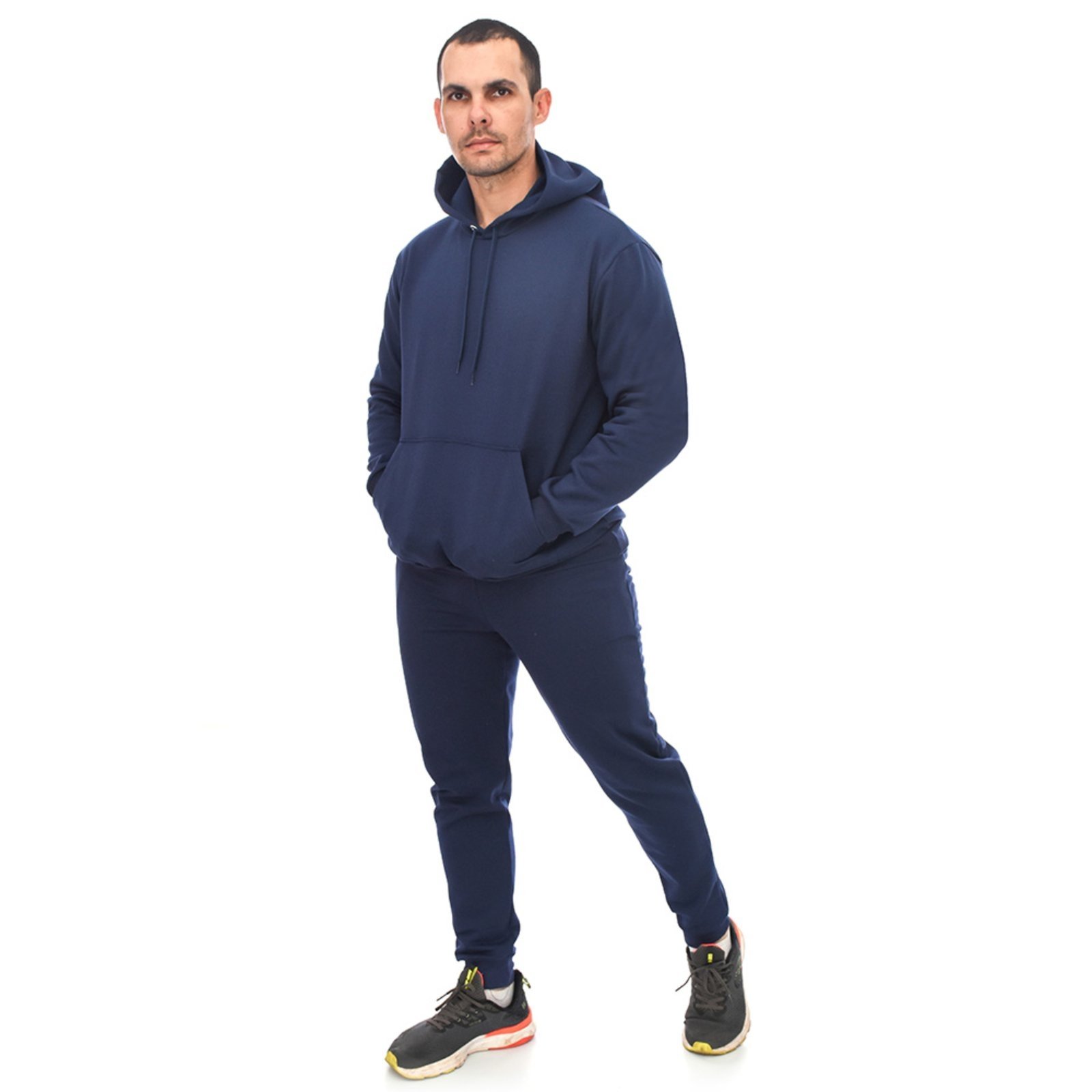 Conjunto Em Moletom Blusa Canguru e Capuz E Calça Estilo Jogger Adulto Azul Marinho Aliarthe