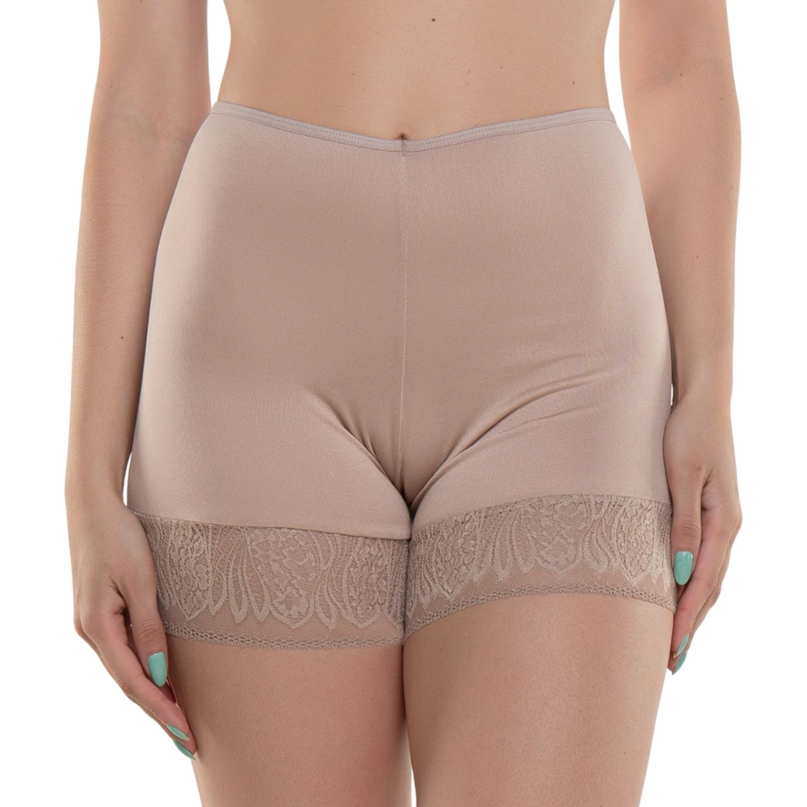 Vista 2 Shorts Bermuda Segunda Pele Modeladora Anágua Com Renda Cintura Alta Feminina Microfibra Shapewear QLC SPORT bege QLC SPORT bege