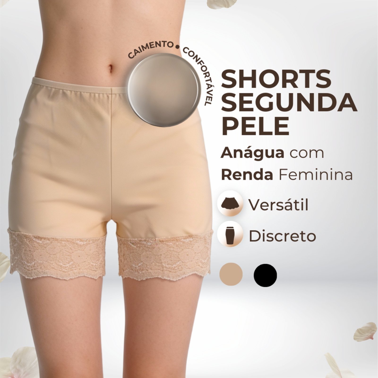 Vista 3 Shorts Bermuda Segunda Pele Modeladora Anágua Com Renda Cintura Alta Feminina Microfibra Shapewear QLC SPORT bege QLC SPORT bege