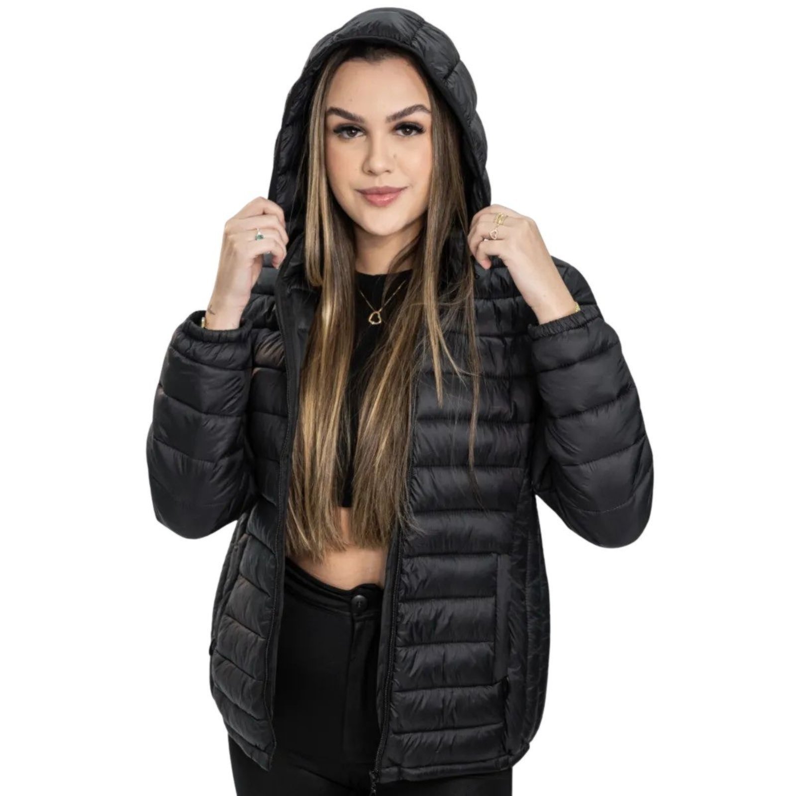 Jaqueta Feminina Puffer Nylon Industrie Peluciada com Capuz e Isolamento Térmico para o Frio Preto