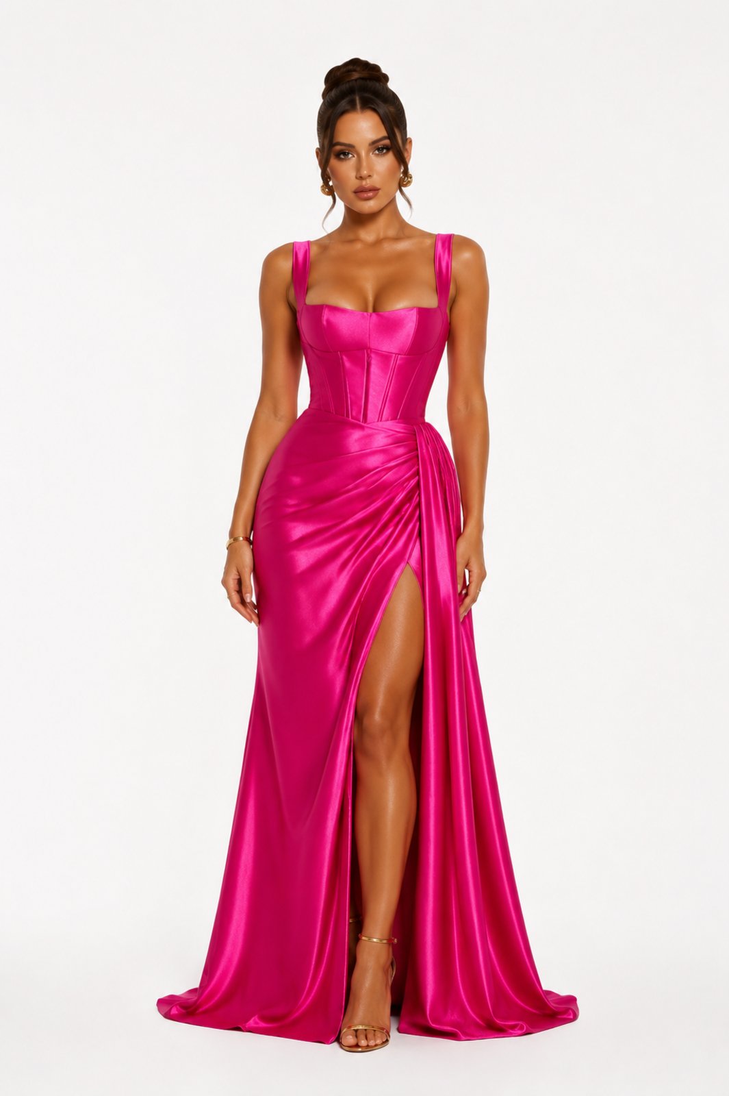 Vestido Longo D Bell Outlet Fashion Cetim Fúcsia