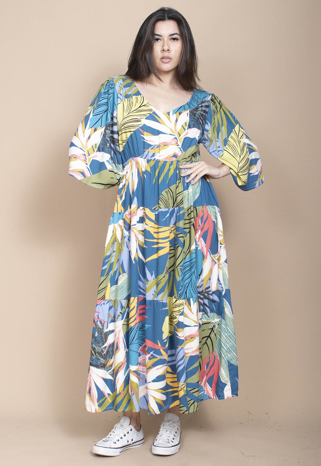 Vista 3 Vestido Longo Cabanafree Plano com Manga e Camadas Estampa Brisa Botânica Cabanafree amarelo/azul/estampado/verde