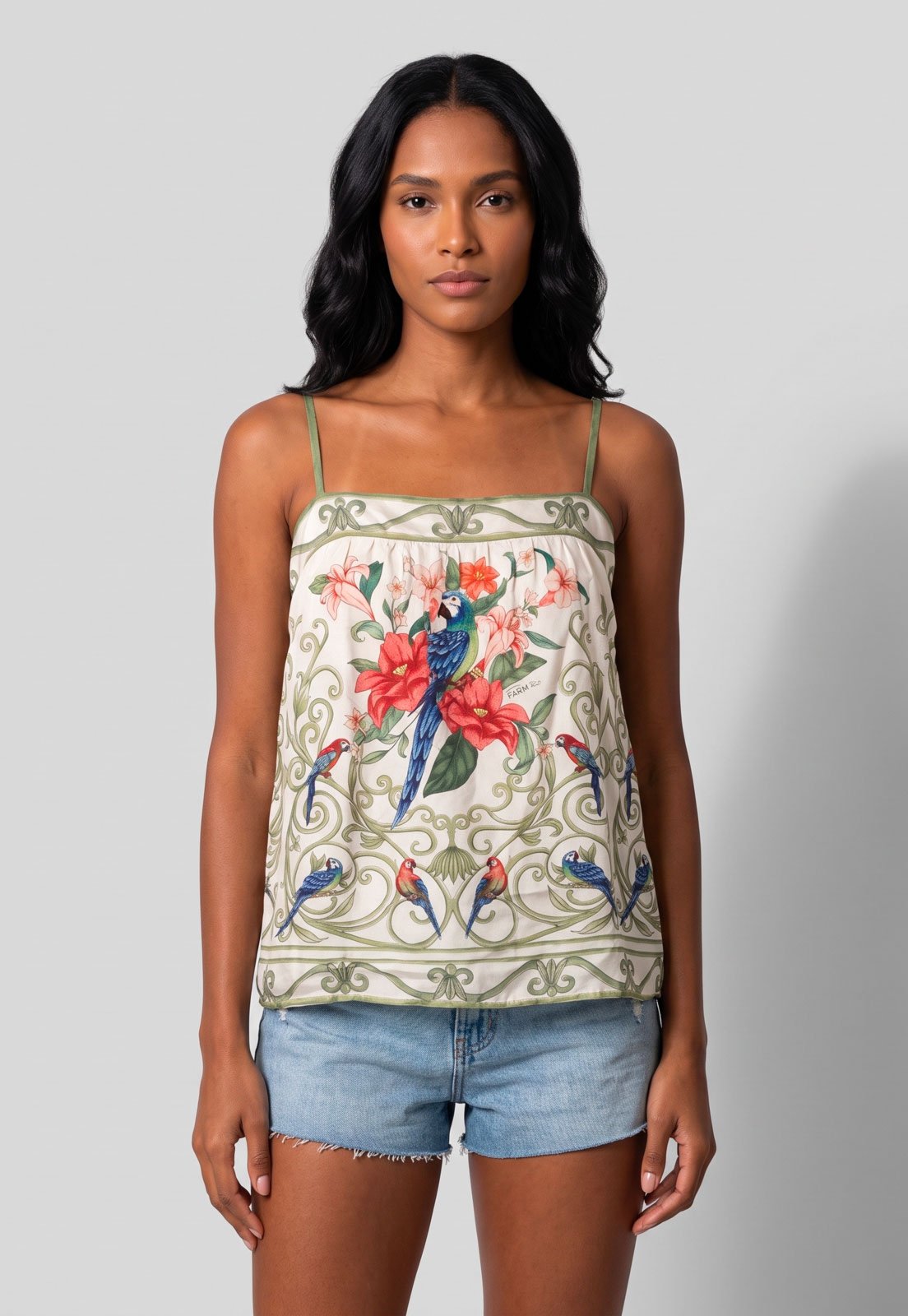 Blusa Feminina FARM Estampada Alças Finas Off-white