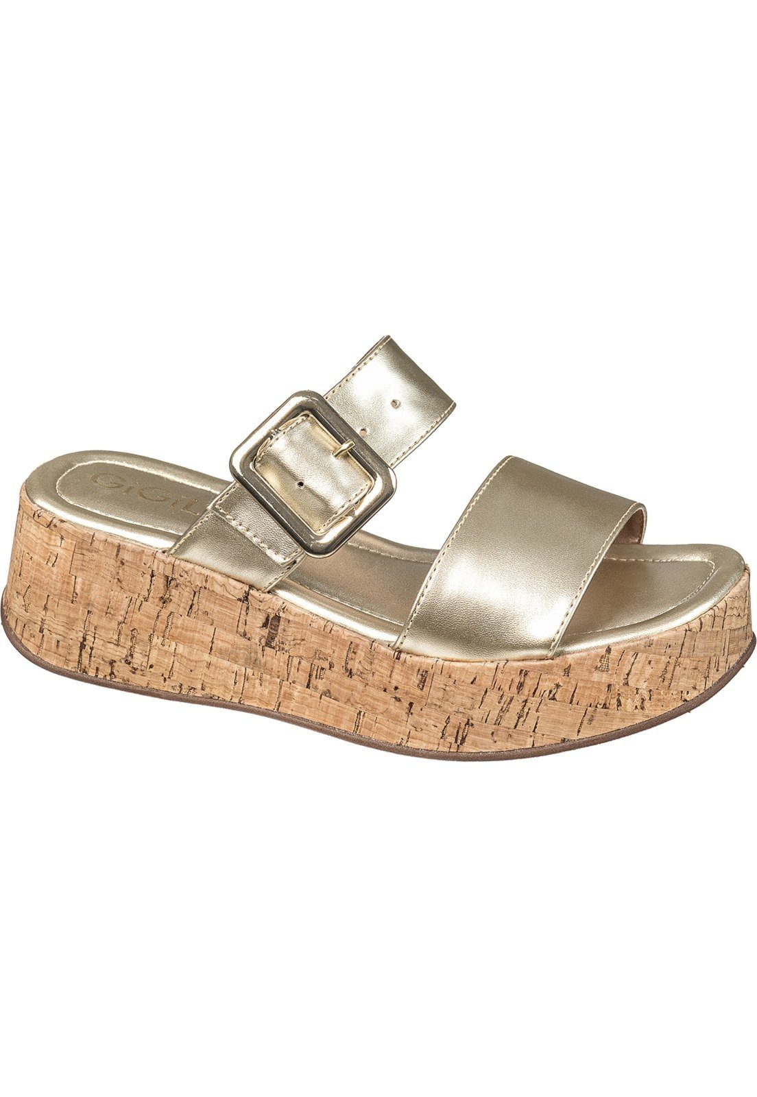 Sandália Feminina Tamanco GiGiL Flatform Plataforma Slide Tiras Largas Fivela Metalizada Casual Moderna Dourado