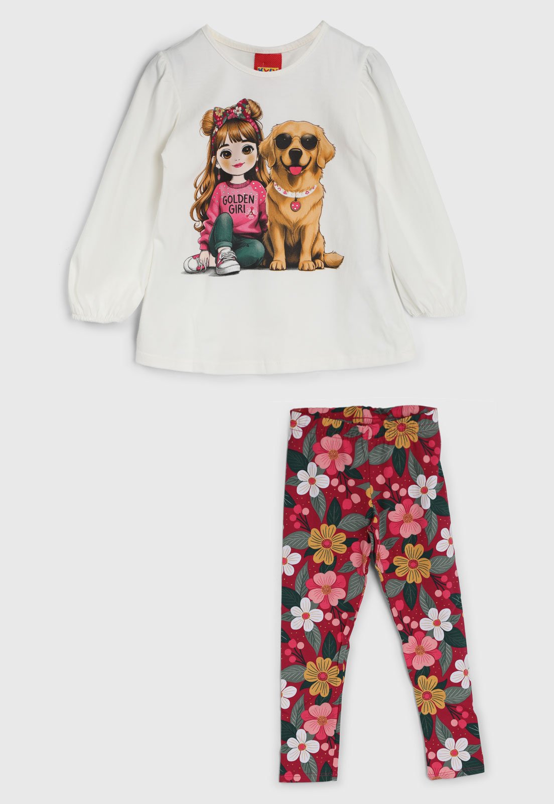 Infantil - Conjunto Kyly Blusa Estampa Menina e Cão com Legging Floral Branco