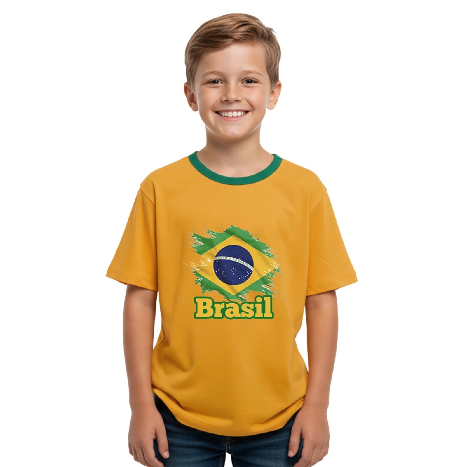 Infantil - Camiseta Juvenil Look Jeans Bandeira Brasil Amarelo