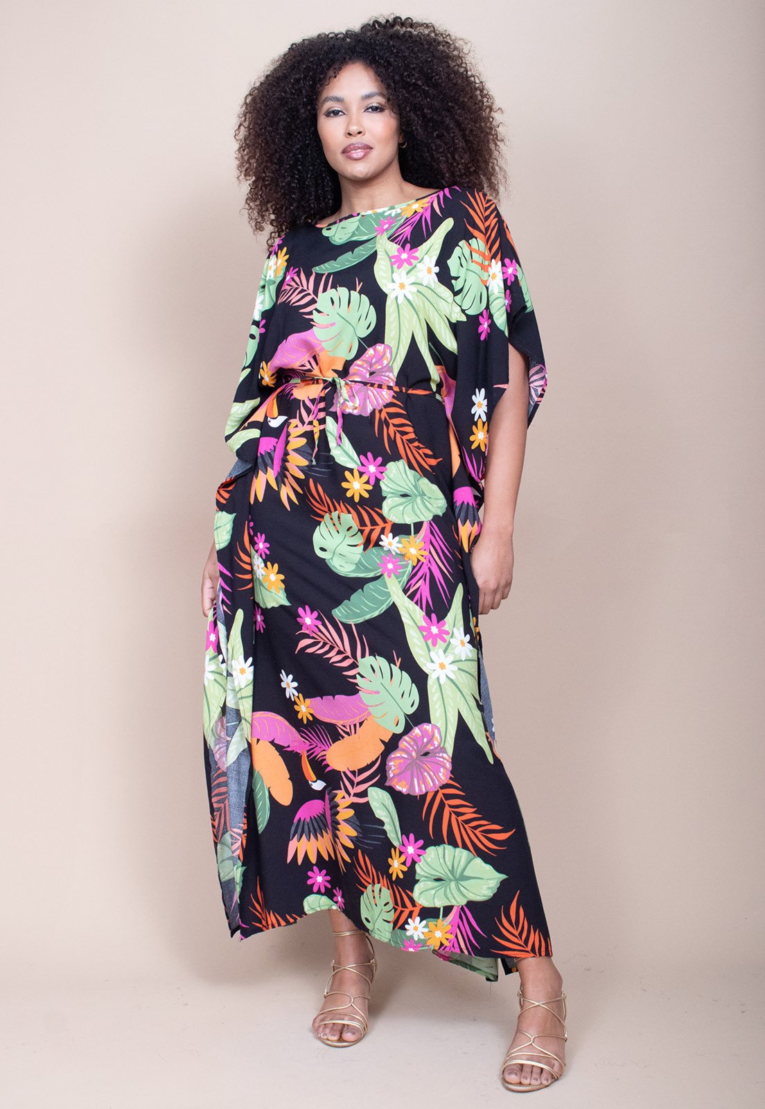 Vista 2 Vestido Longo Cabanafree Viscose Estampa Noite Botânica Cabanafree azul/estampado/laranja/verde