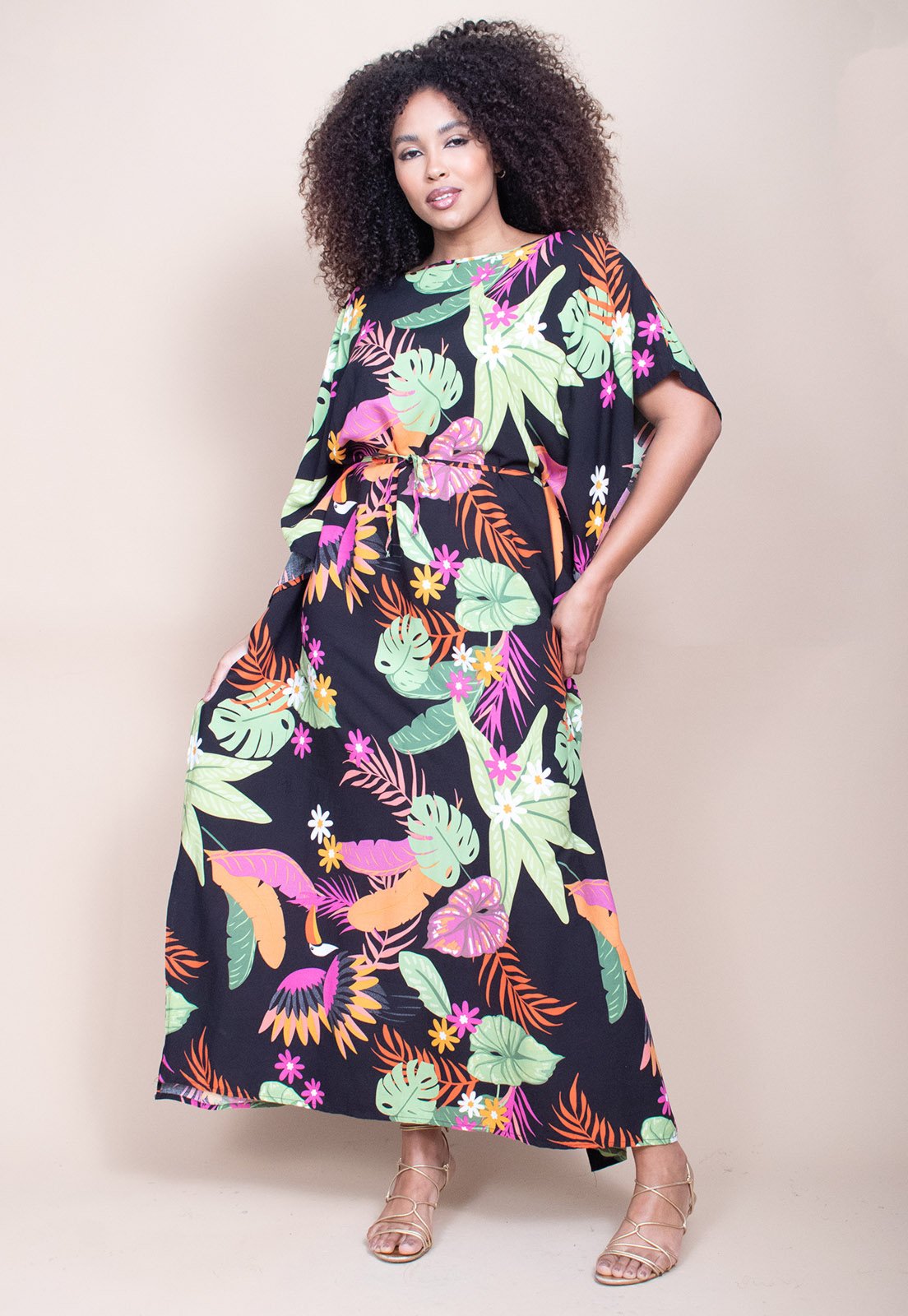 Vista 3 Vestido Longo Cabanafree Viscose Estampa Noite Botânica Cabanafree azul/estampado/laranja/verde
