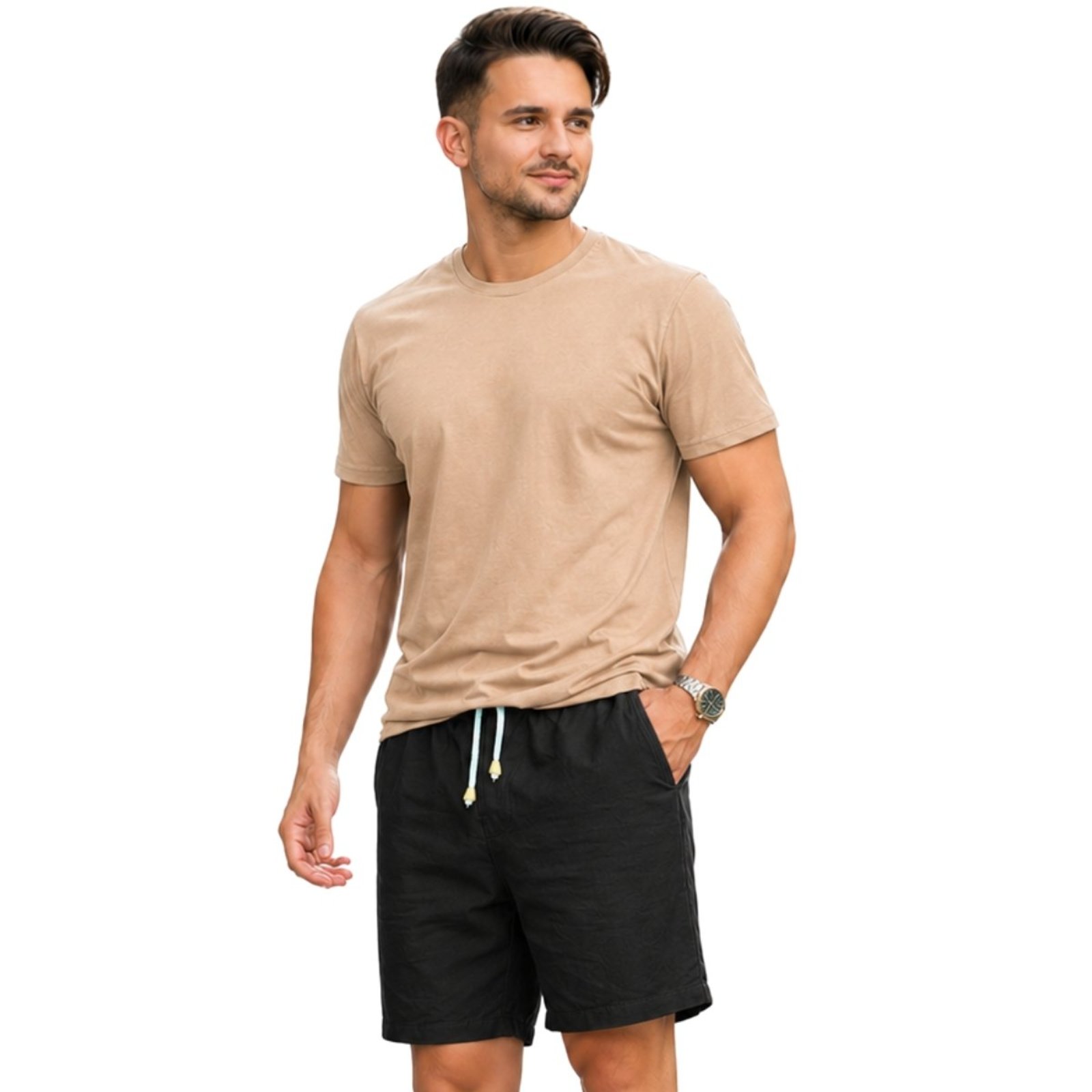 Conjunto Short Masculino Bermuda Linho Premium + Camiseta Basica Moda Sofisticada
