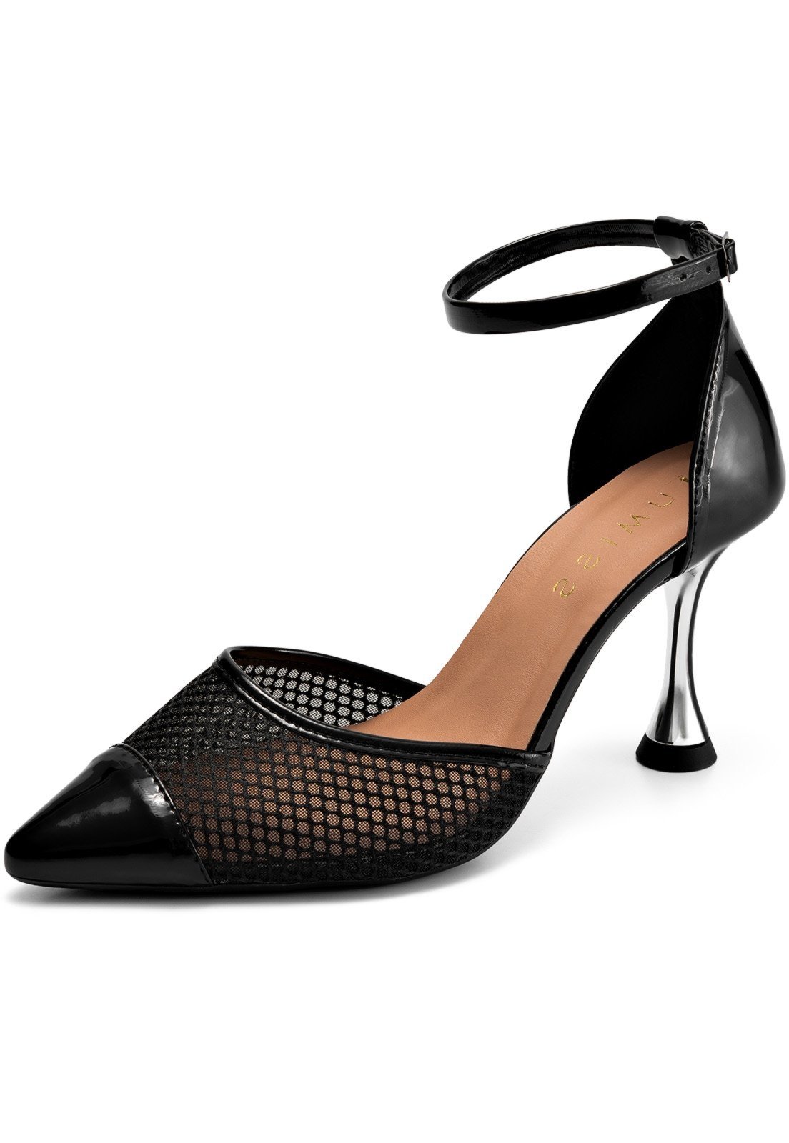 Scarpin Feminino Lumiss Aberto Salto Alto Fino Tela Bico Fino Preto