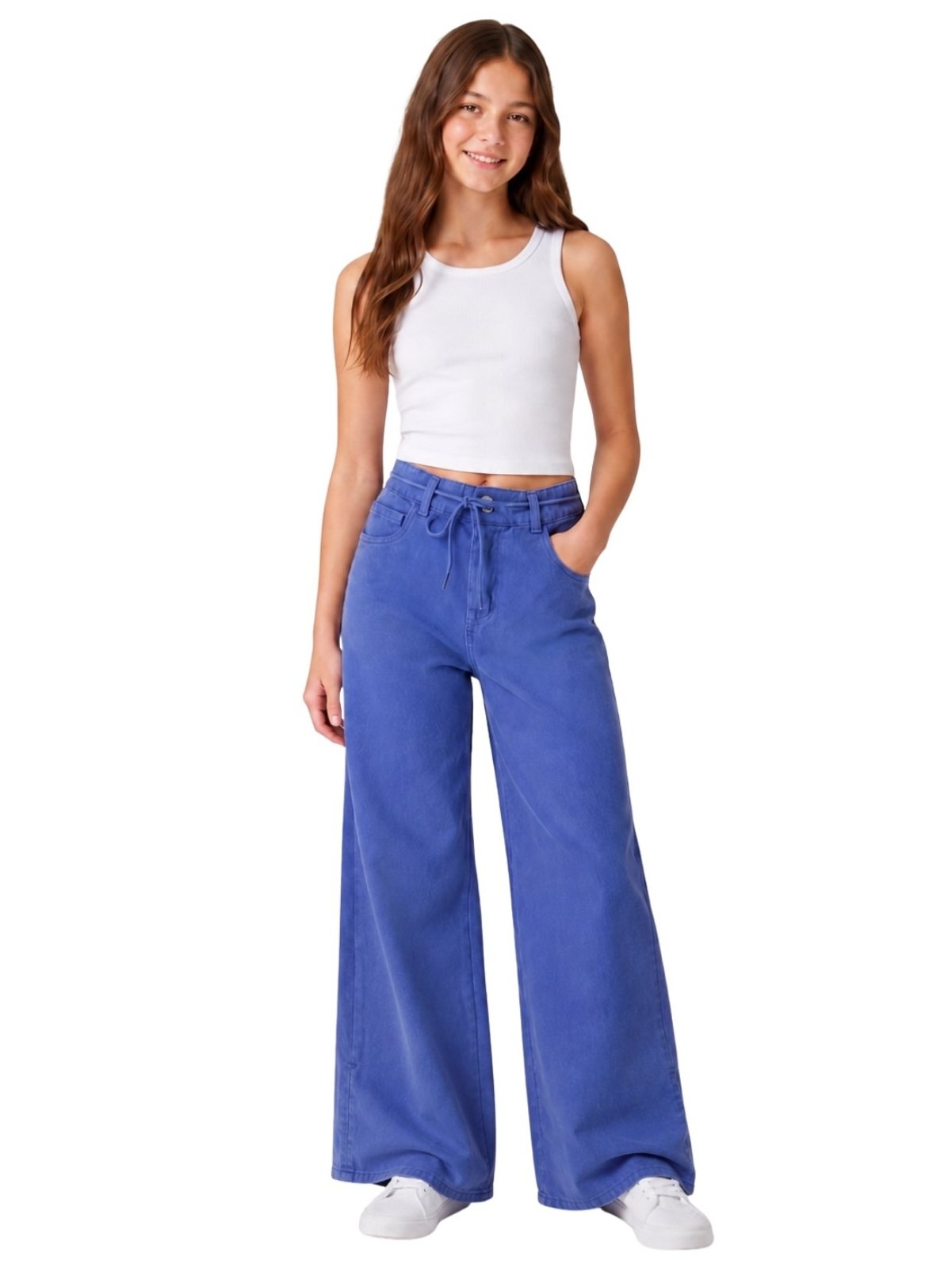 Calça Sarja Juvenil Feminina Azul Crawling Wide Leg c/ Cordão