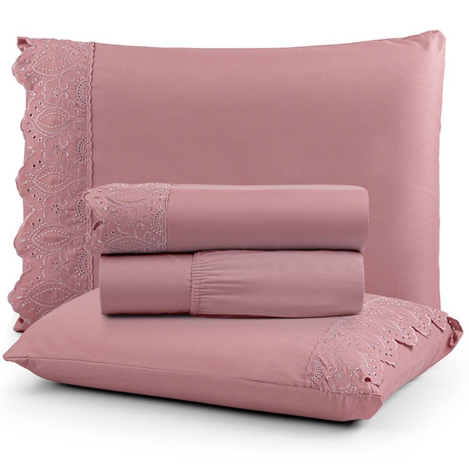Jogo de Lençol Queen Casa Modelo Enxovais Nobless Bordado Micropercal 200 Fios Toque de Algodão 4 Peças Rosa Antigo