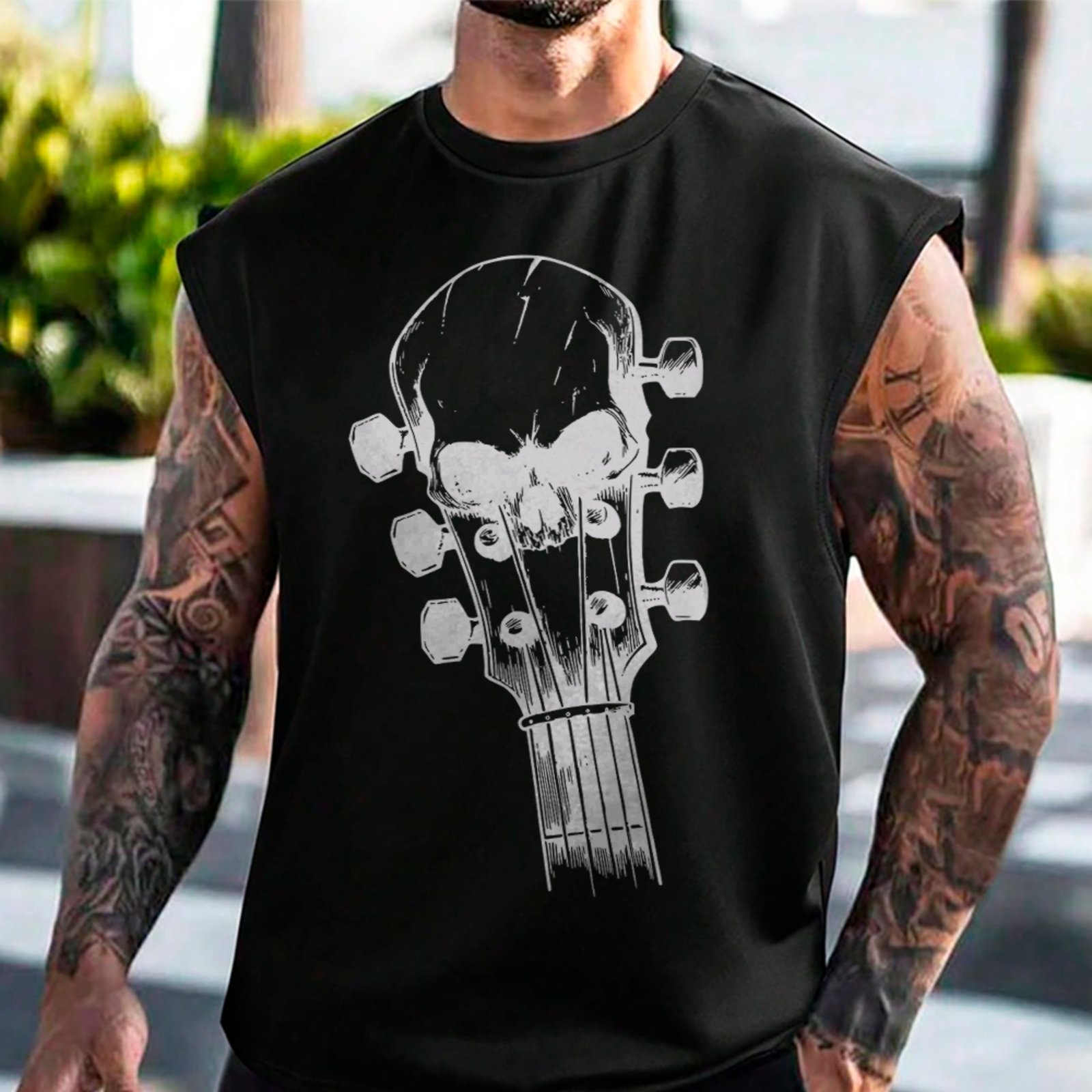 Camiseta Regata Machão Caveira Guitarra Rock Estilo Street Preto