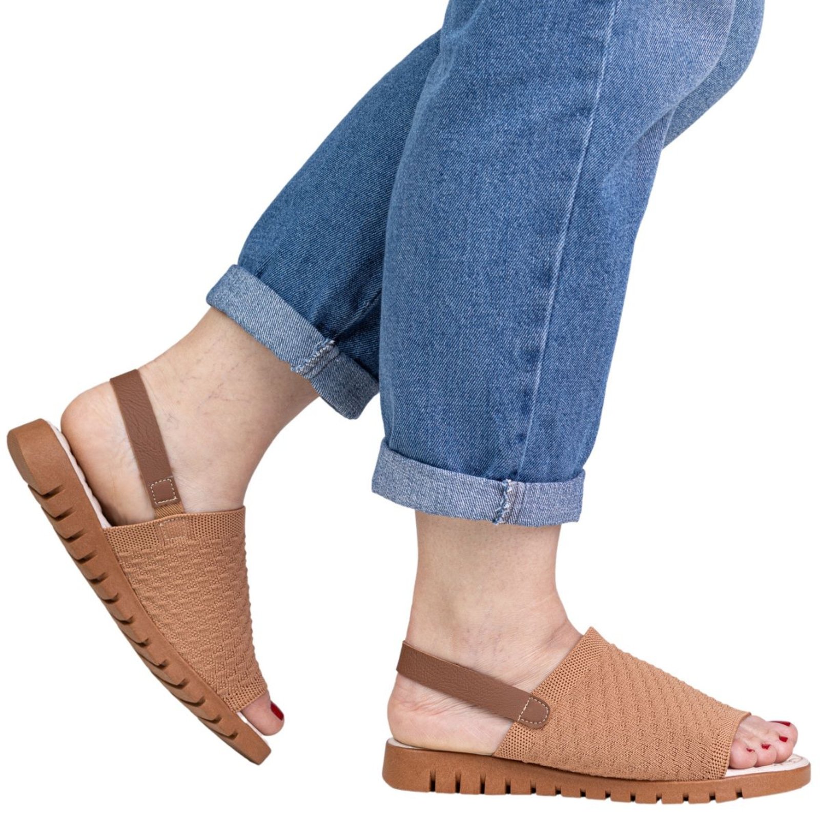 Sandália Feminina Ortopédico Knit Calce Fácil Meia Elástico Massageadora Confortável Via Angel 7603 Caramelo